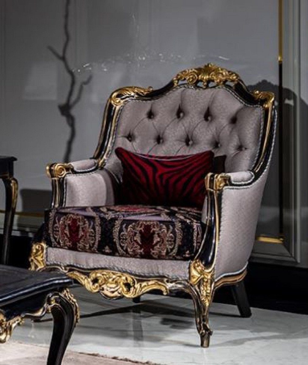 Casa Padrino Sessel Luxus Barock Wohnzimmer Sessel Silber / Bordeauxrot / Schwarz / Gold - Handgefertigter Barockstil Sessel mit elegantem Muster - Barock Wohnzimmer Möbel