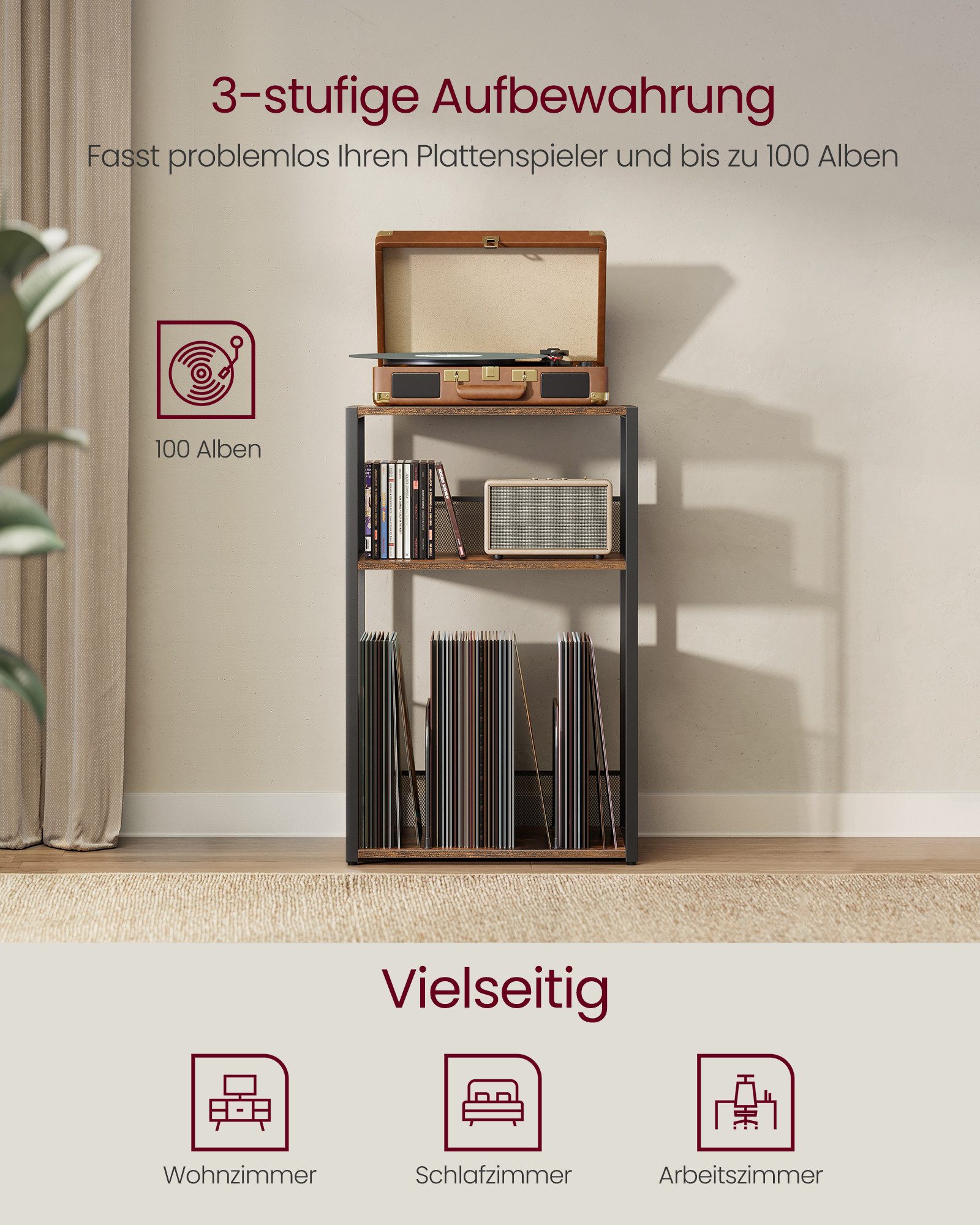 VASAGLE Beistelltisch, Plattenspieler-Ständer, 3 Etagen, Beistelltisch, Schallplatten