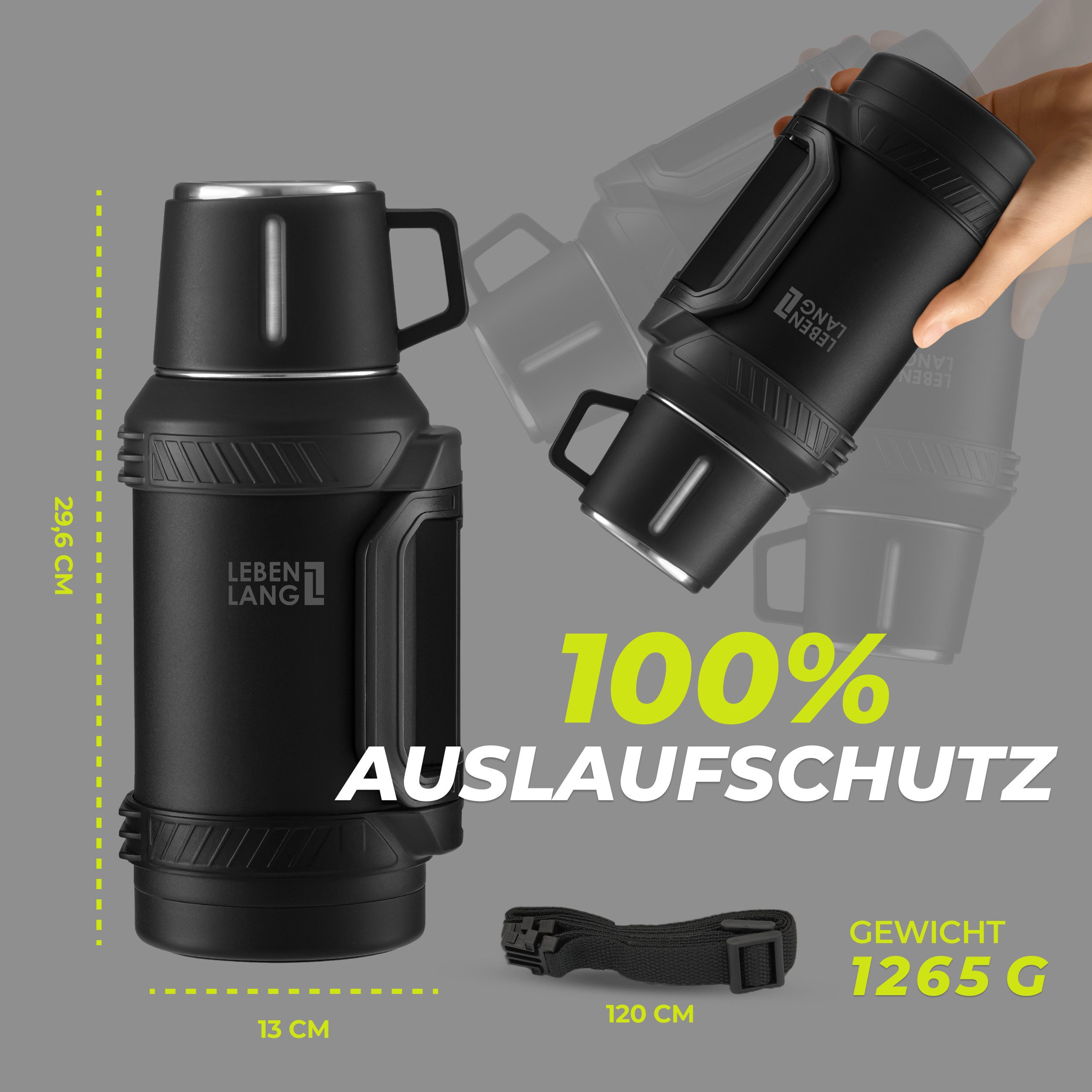 Lebenlang Thermoflasche Isolierflasche 1,5 Liter - 24h Heiß & Kalt - Inkl. Becher & Teesieb, Auslaufsicher - Große Einfüllöffnung - BPA-frei