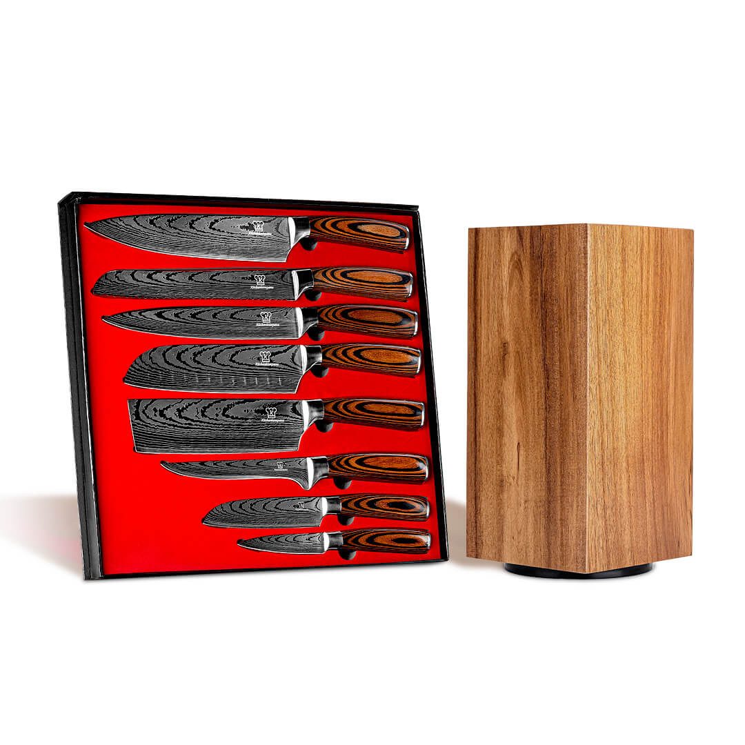 Küchenkompane Messer-Set Küchenkompane 9-tlg. Messerset inkl. magnetischem Messerblock Tsuisuto (2-tlg), Magnetischer Messerblock Akazienholz,360° drehbar,8 Edelstahlmesser