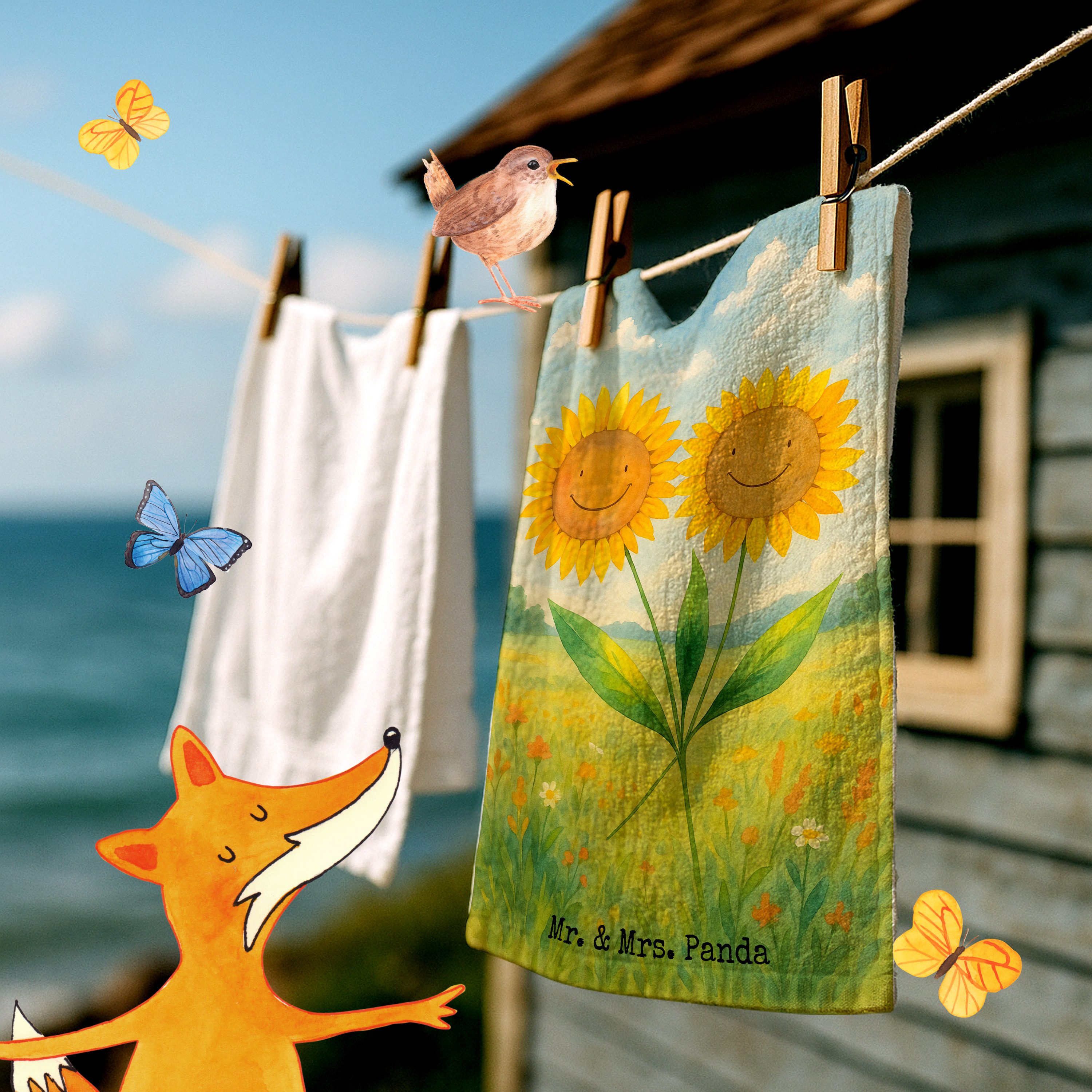 Mr. & Mrs. Panda Handtuch Blume Sonnenblume Design, Handtuch, Weiß, Sonnenblumen, badezimmer ha, Kunstfaser (Packung), handtuch gäste wc Gästehandtuch 30x50 Mini-Handtuch