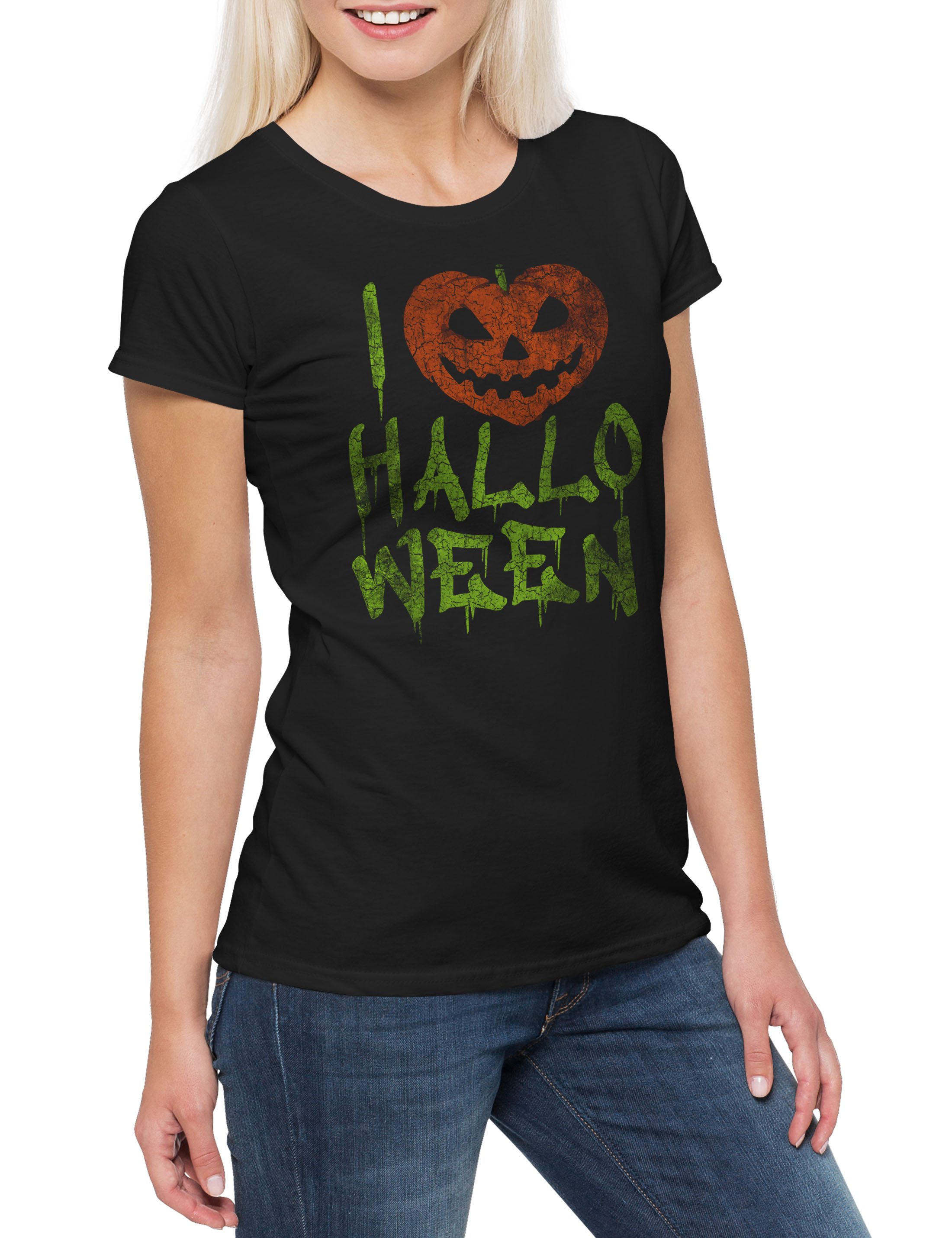 Print-Shirt I Love Halloween Damen T-Shirt Kürbis Gesicht Laterne Samhain Pumpkin