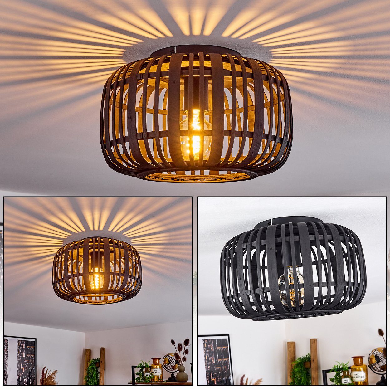 hofstein Deckenleuchte »Daone« Deckenlampe aus Bambus/Metall in Schwarz, ohne  Leuchtmittel, Leuchte, Boho-mit Schirm in Gitter-Optik u. Lichteffekt,  Ø33cm, E27