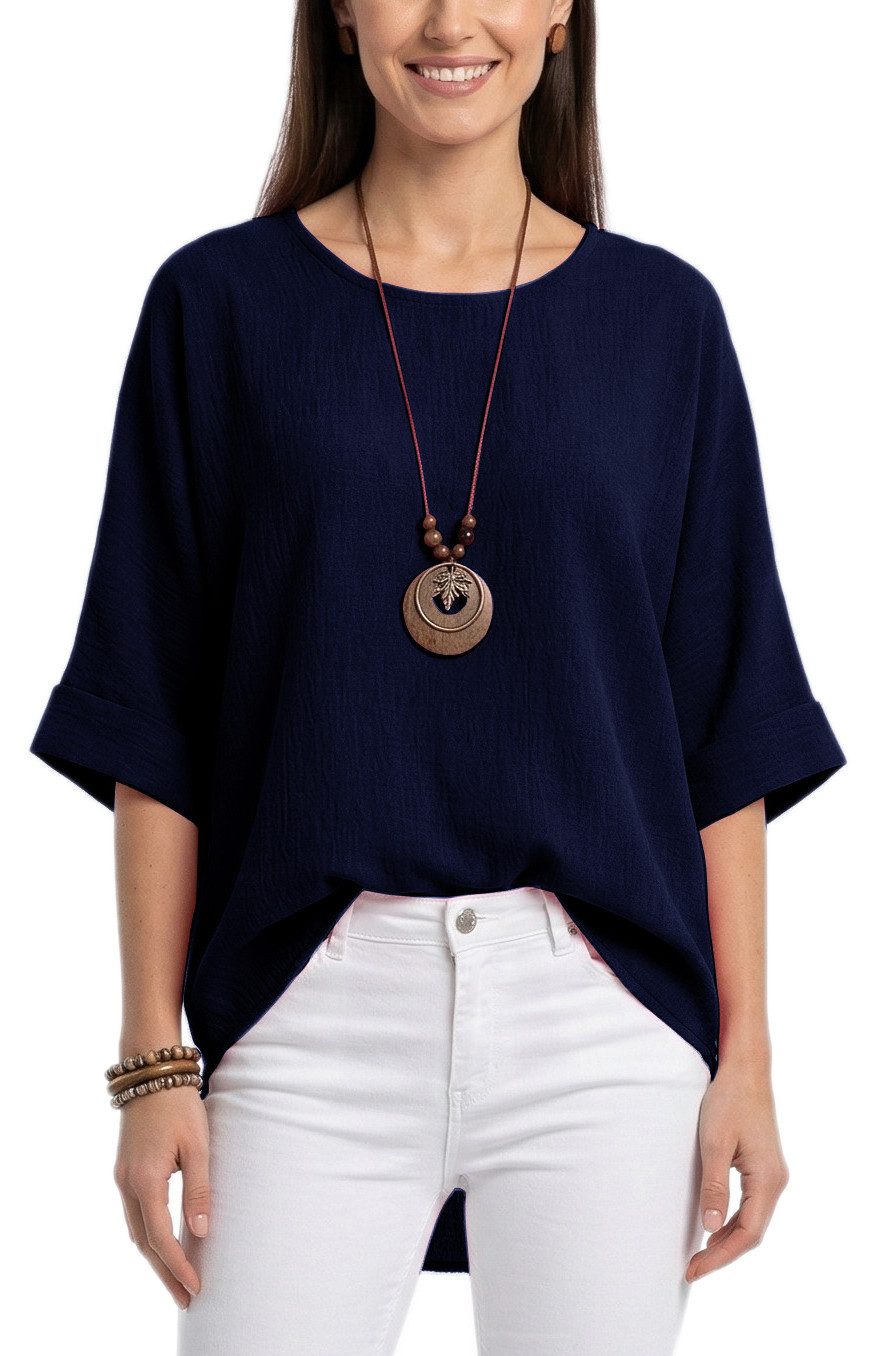 dy_mode Kurzarmbluse Damen Bluse Oversize Tunika Leichte Viskosebluse Oberteil Einfarbig in Unifarbe, High-Low Saum, mit passende Kette