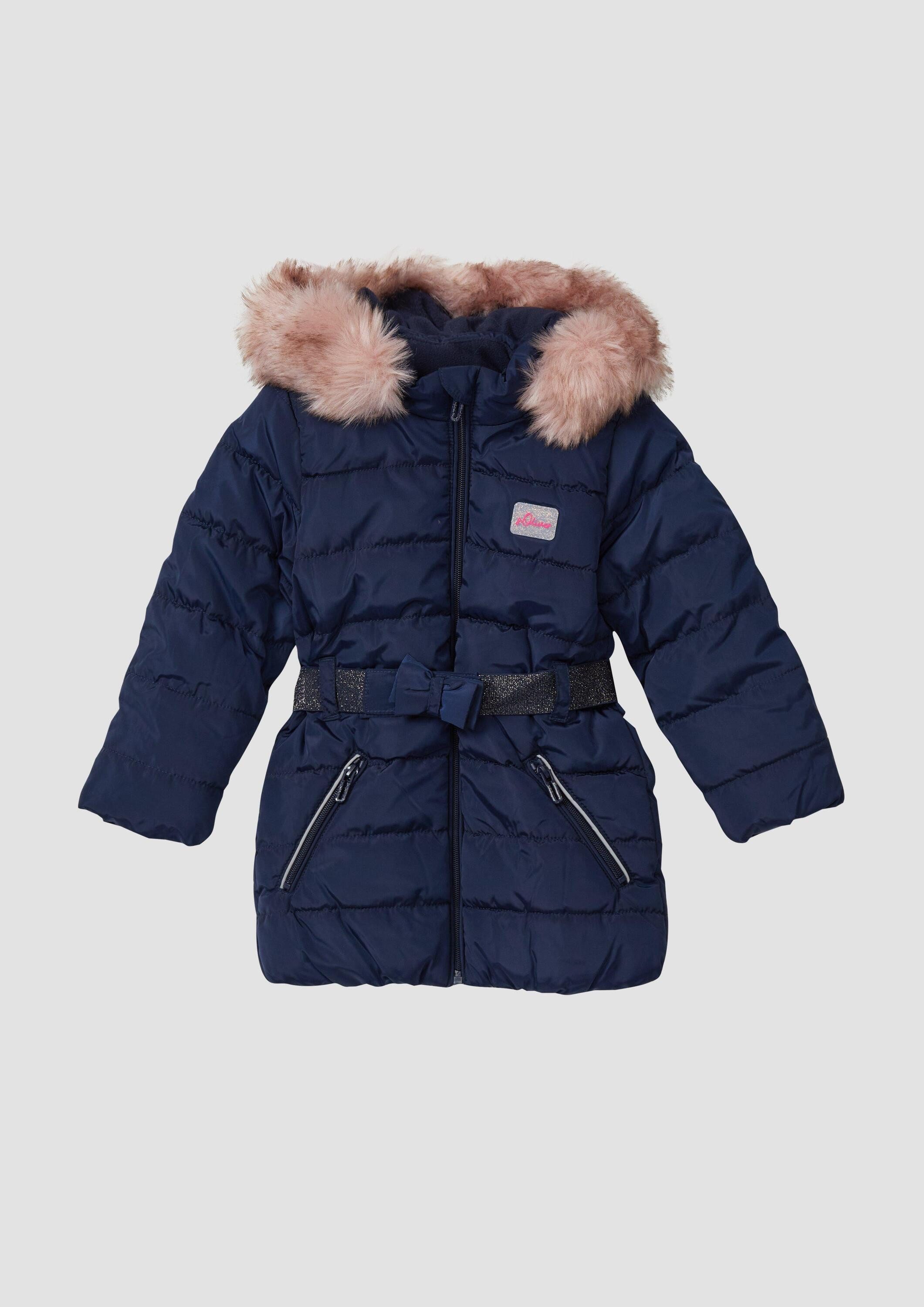 s.Oliver Wintermantel Outdoor-Mantel Wattierter Mantel mit Glitzergürtel und abnehmbarer Kapuze