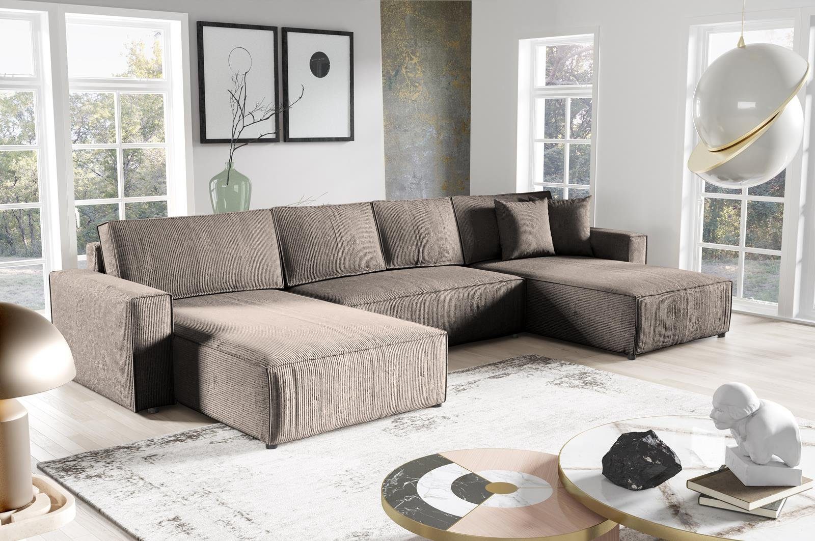 Funktionen BOSTON cm 390 mit Ecksofa Ecksofa U, Compleo Corner Schlafsofa Hellbraun U-Form