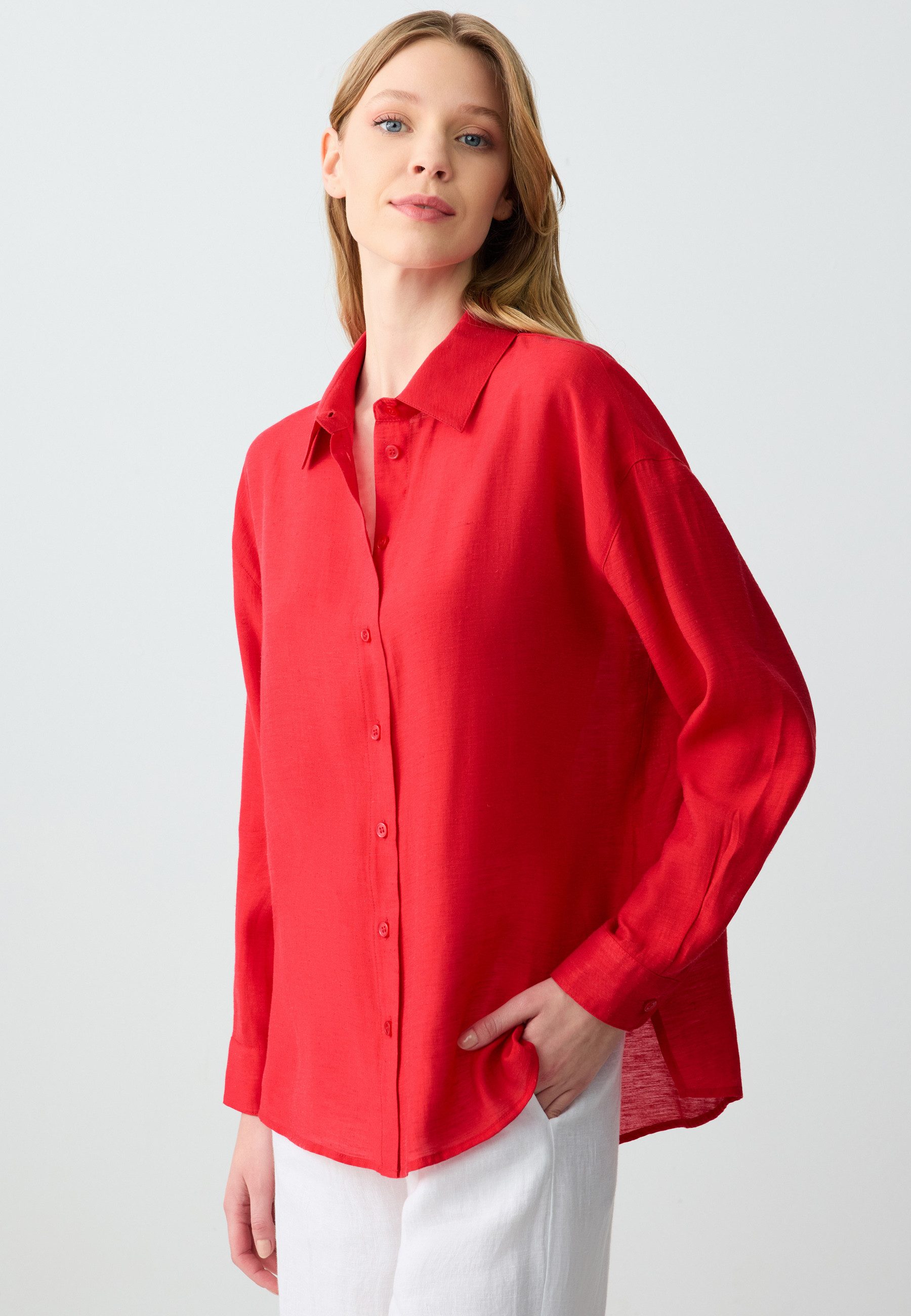 Shirtbluse Loose Fit Hemdkragen Gewebtes Rotes Hemd