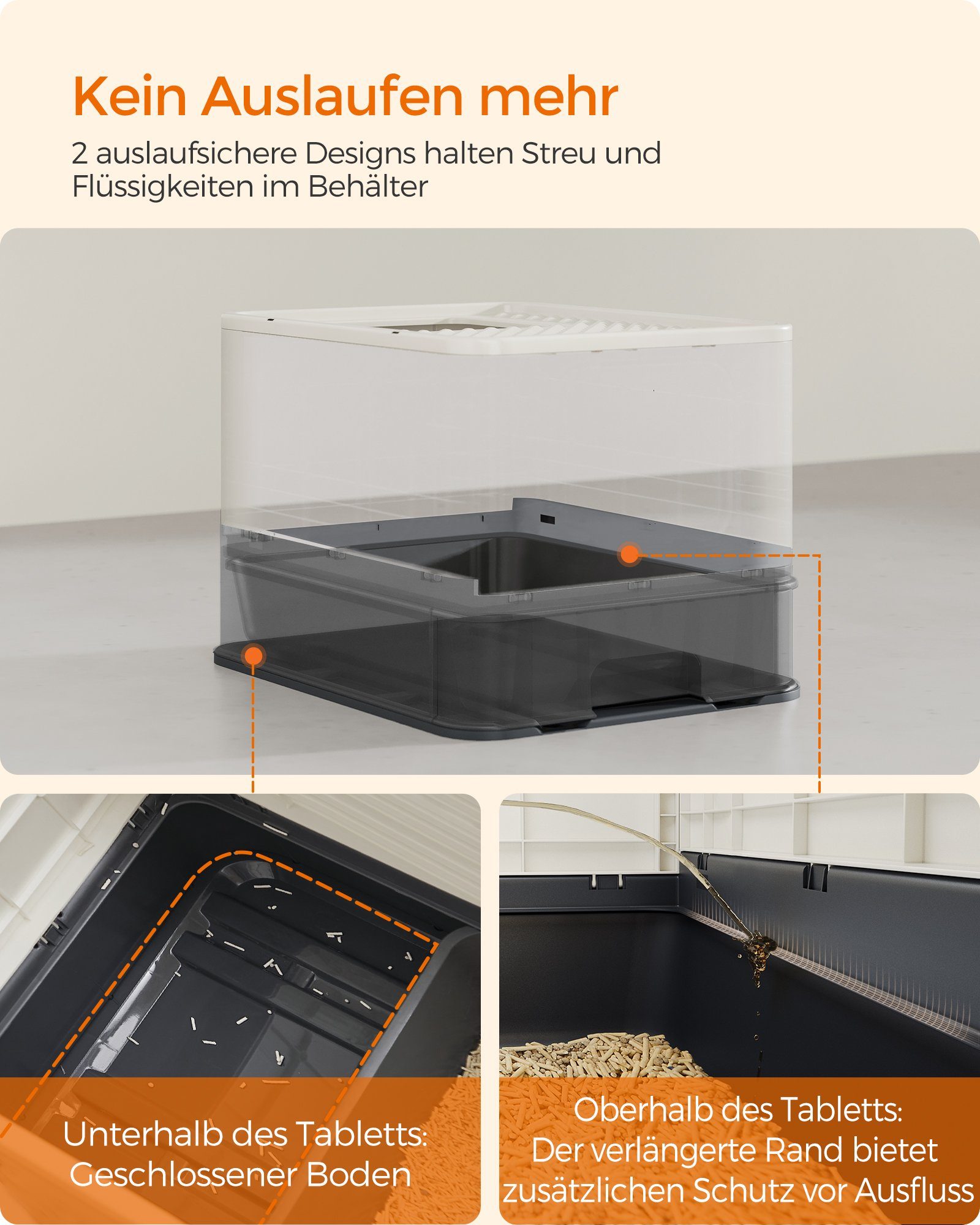 FEANDREA Katzentoilette mit Deckel, mit Tablett, Schaufel und Bürste, Auslaufsicherer Boden, für Katzen bis 15 kg, 1er/2er Set