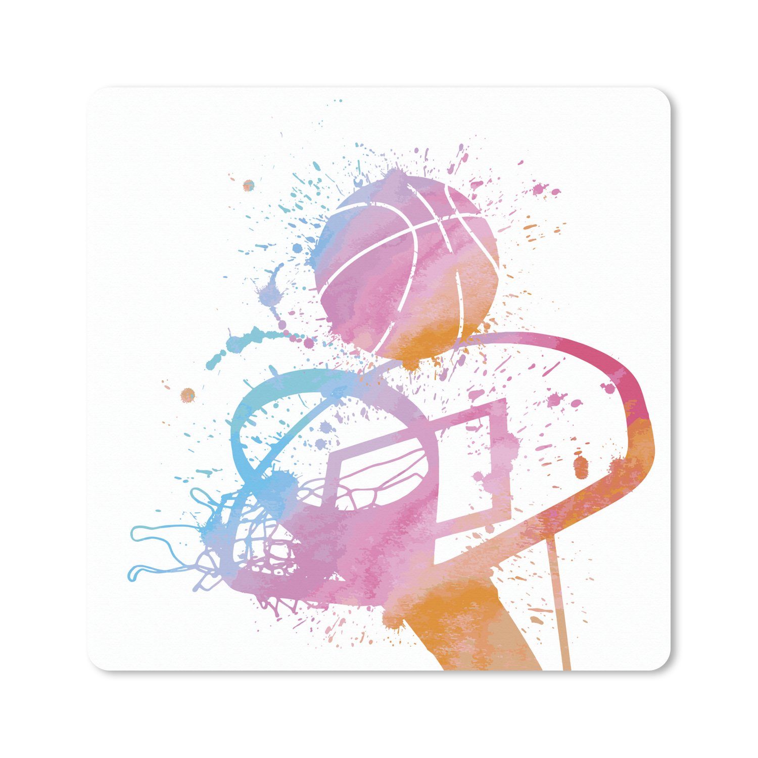 MuchoWow Gaming Mauspad Aquarellierte Illustration eines Basketballs mit Korb (1-St), Gaming, Rutschfester Unterseite, Mausunterlage, 80x80 cm, XXL, Großes
