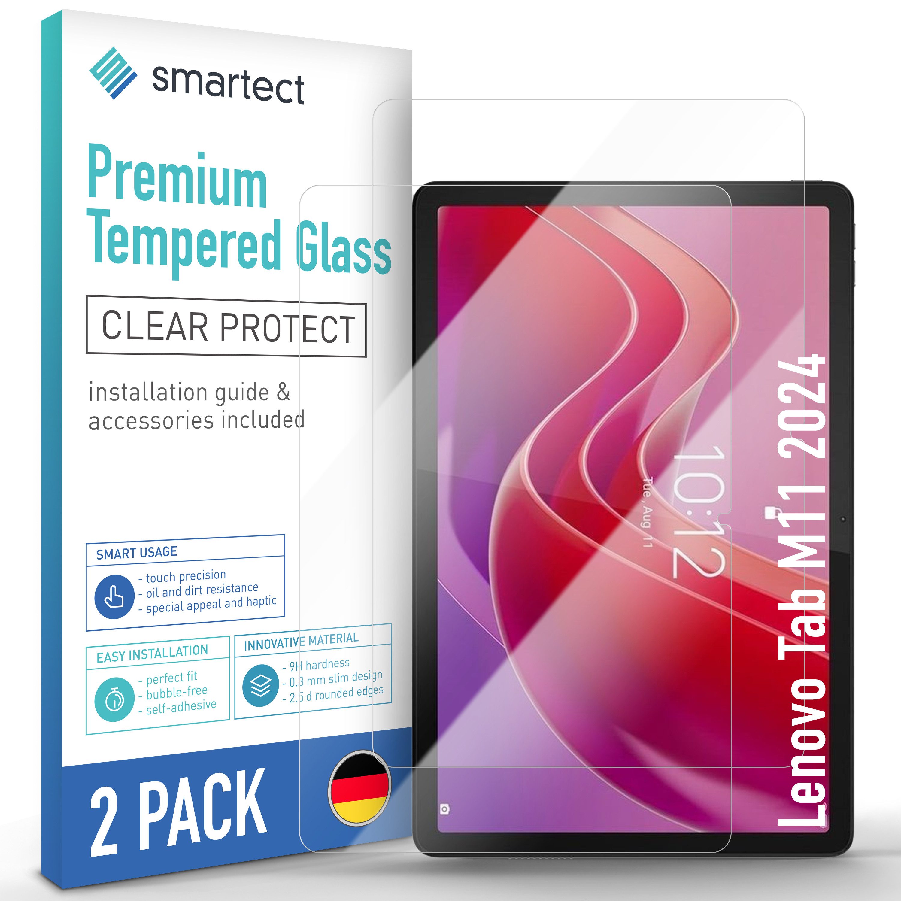 smartect Displayschutzglas Schutzglas Panzerfolie Klar für Lenovo Tab M11 2024, Set, 2 Stück, Schutzfolie Glasschutz Bildschirm