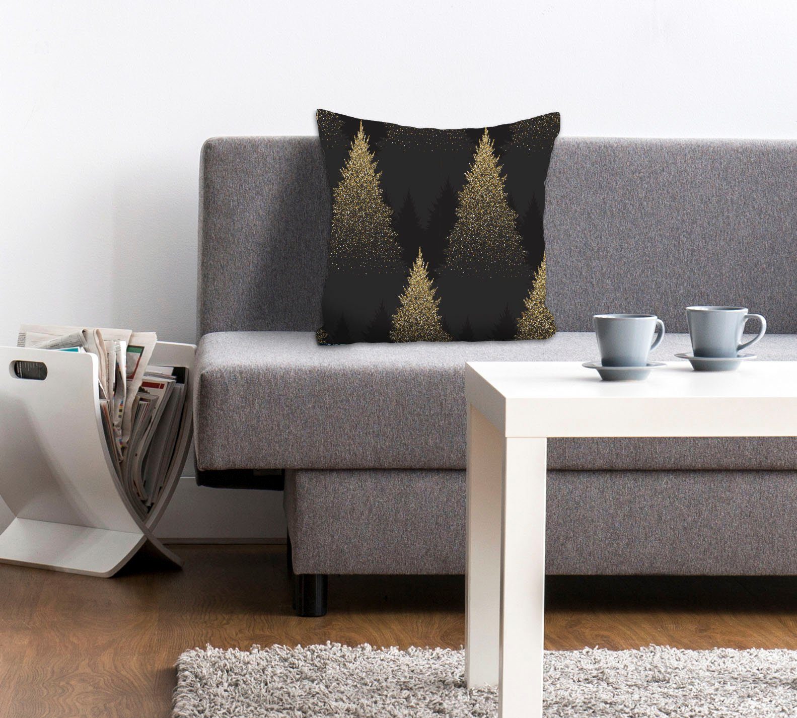 queence Dekokissen Hannah, Kissenhülle,Schwarz,Tannenbäume,Glitzer,Wald,Weihnachten,Festlich