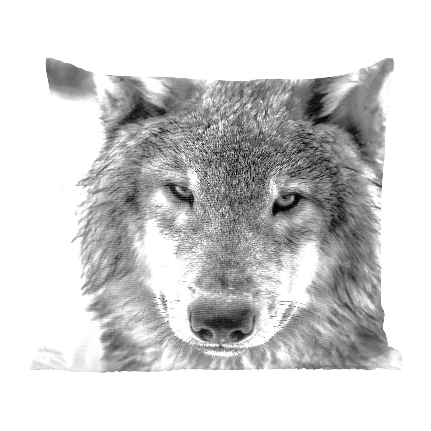 MuchoWow Dekokissen Wolf im Winter in Schwarz und Weiß, Zierkissen mit Füllung für Wohzimmer, Schlafzimmer, Deko, Sofakissen