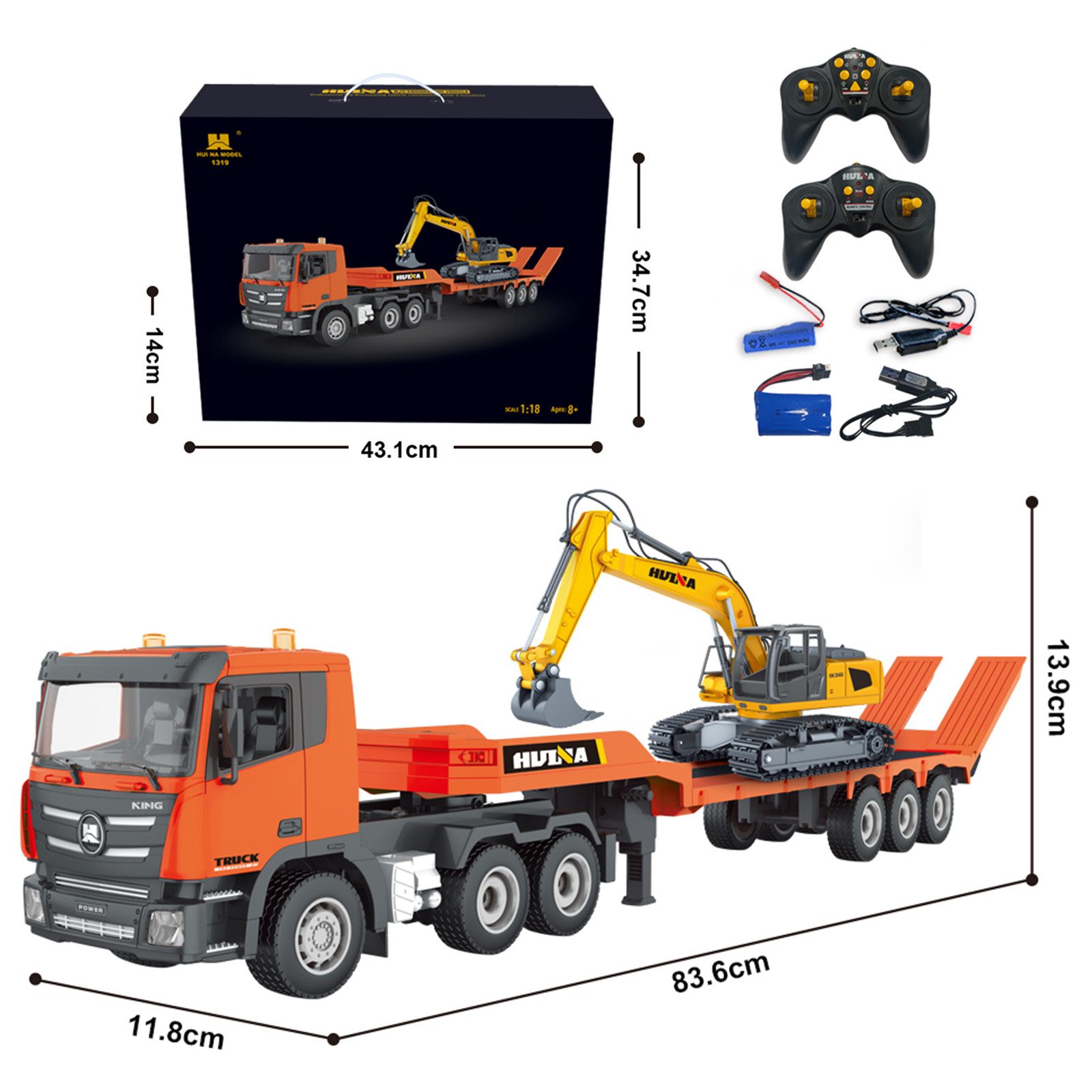Esun RC Truck and RC Excavator Toy, 2.4GHz Remote Controlled Flatbed Truck (SET, Complete Set), 1:18 Remote Controlled Excavator with Sound and Lights