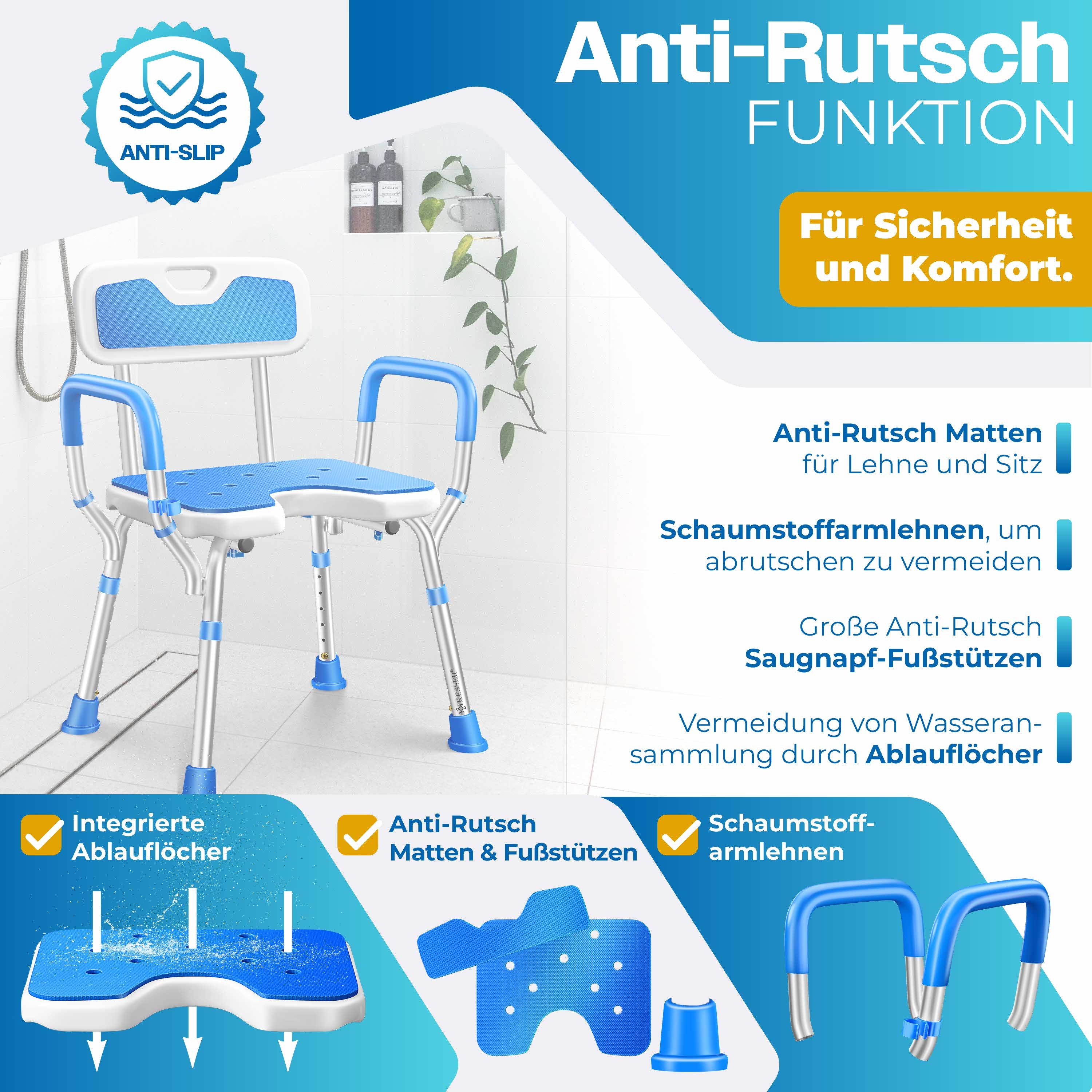 KESSER Badhocker Duschhocker mit Lehne höhenverstellbar in 6 Stufen 38-54cm (Duschstuhl mit Brausehalterung, Anti-Rutsch Füße & Matten), Duschsitz 150KG belastb – Bild 3 von 5