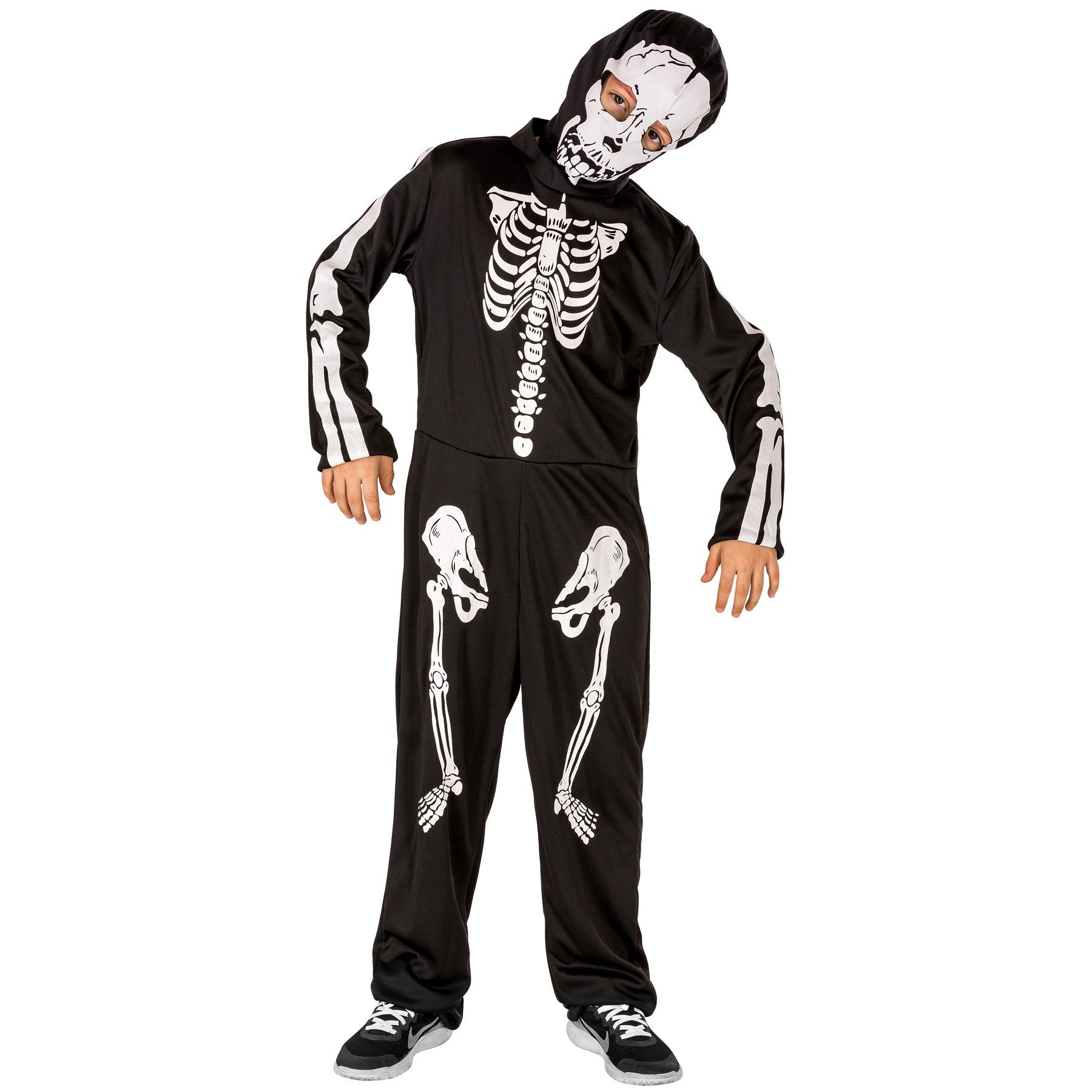 dressforfun Kostüm Skelettfigur, auch Knochenwesen, in schwarz, Gr. 128 (8-10 Jahre), Praktisches Ganzkörperkostüm, Skelett-Optik, Kompletter Jumpsuit
