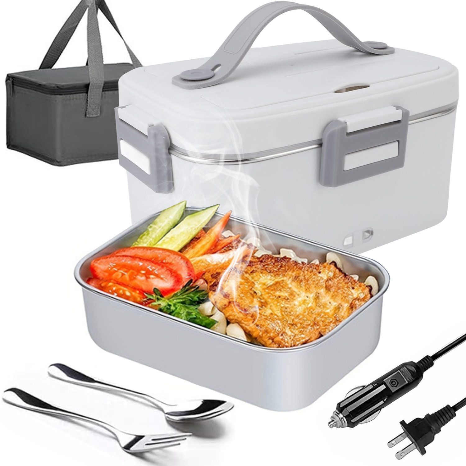 MOPUEA Elektrische Lunchbox 3 in 1 Elektrische Lunchbox Brotdose aus Edelstahl für Zuhause Auto, (1,8L großes Fassungsvermögen & Auslaufsicher, PP-Kunststoff und Edelstahl 304)