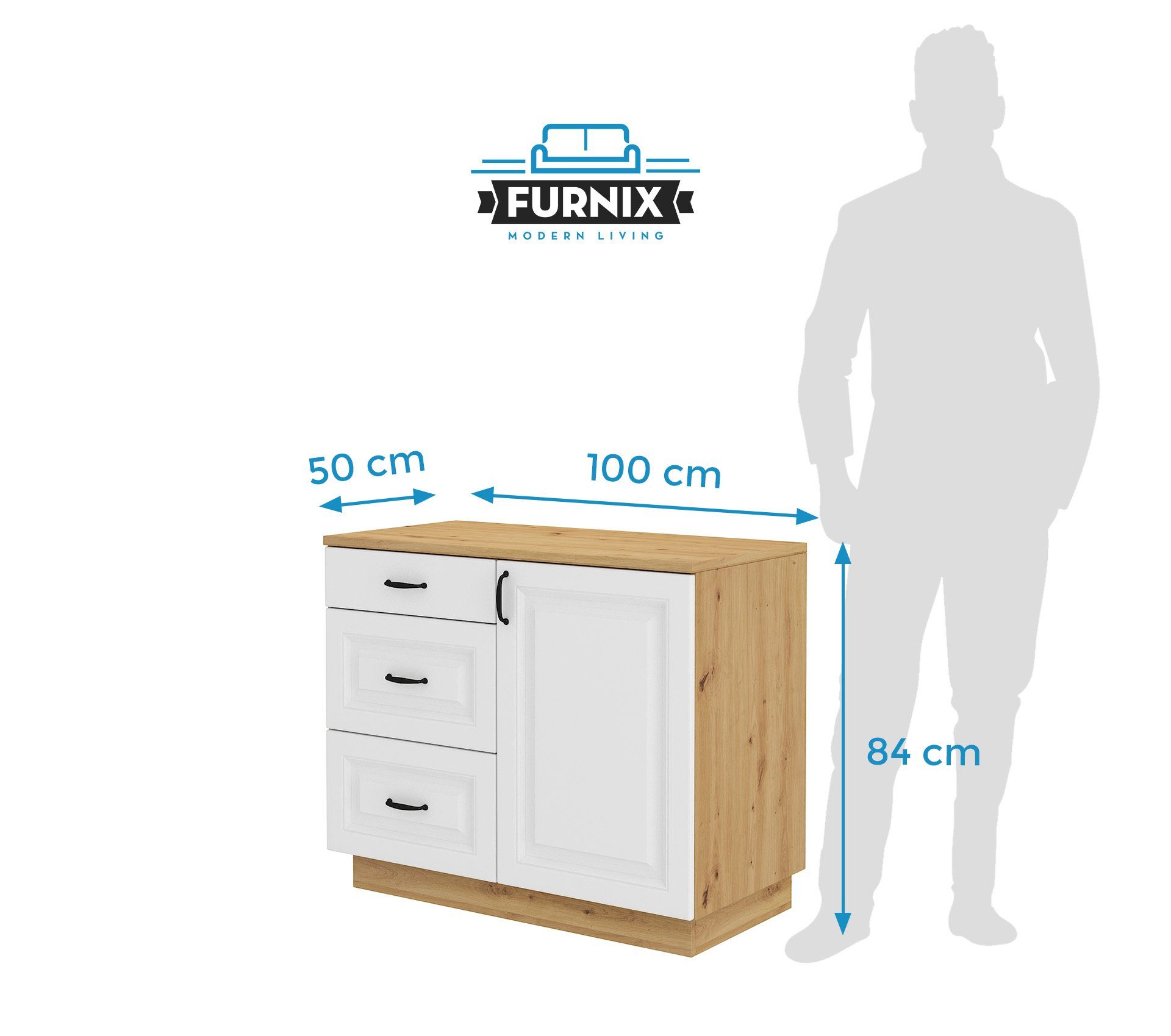 Schubladen x Furnix H84 mit Tür, T50 Weiß/Artisan und Sideboard, FLAMIS cm B100 Wohnzimmer-Kommode 3 Kombikommode x
