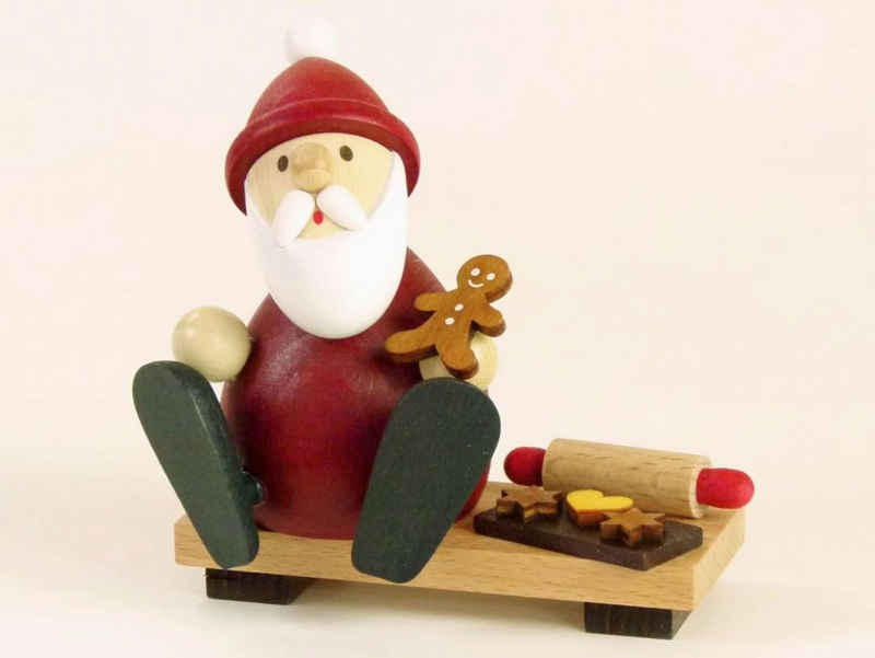 Ullrich Kunsthandwerk Weihnachtsmann Weihnachtsmann auf Bank mit Lebkuchenmann, Backblech & Nudelholz
