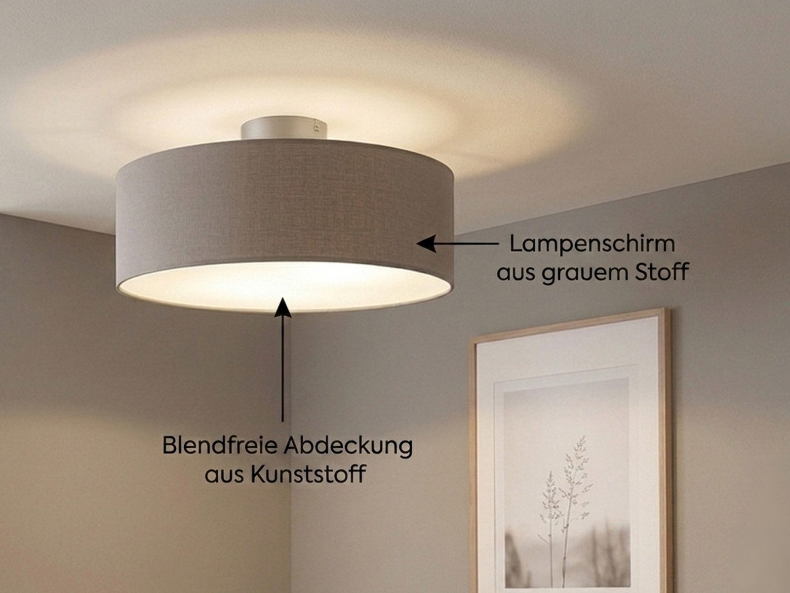 meineWunschleuchte Deckenleuchte mit Stoff Lampenschirm Grau Braun Ø 40cm, ohne Leuchtmittel, Stoff-Lampe, gemütliche Deckenlampe, E14 Schlafzimmerlampe rund