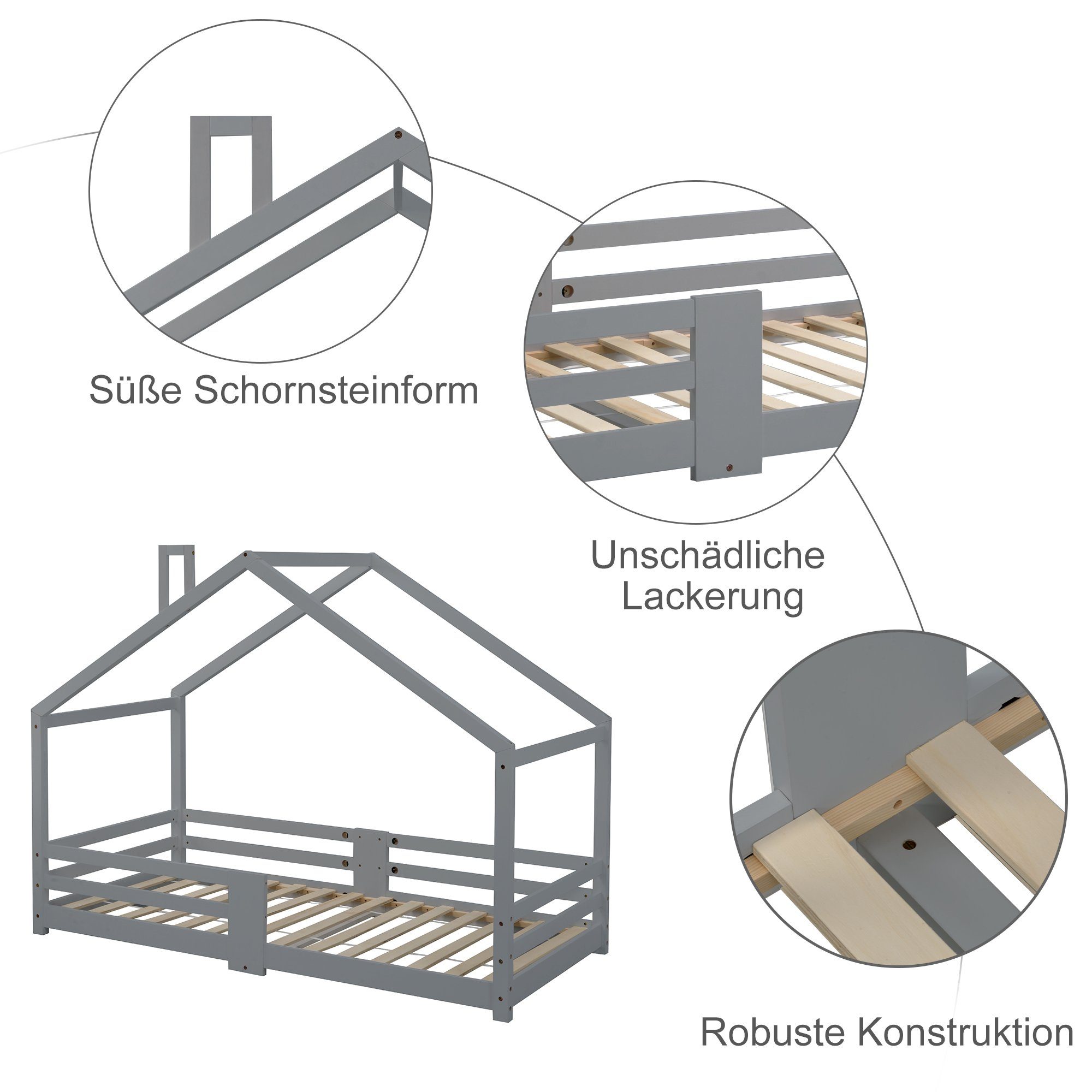 Kinderbett (Hausbett mit Schornstein), mit Rausfallschutz und Lattenroste, aus Kiefernholz, 90x200 cm
