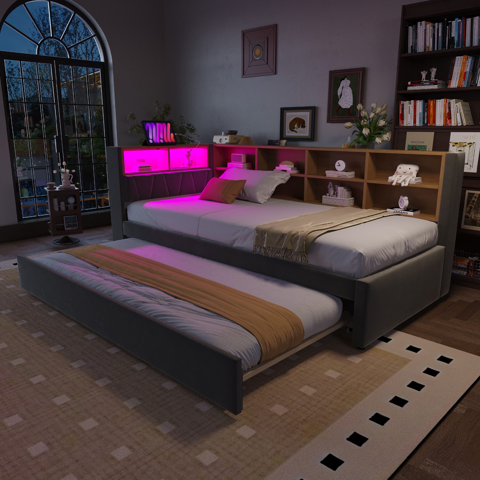 OKWISH Schlafsofa Polsterbett Stauraumbett, Ausziehbett mit LED-Leuchten, S günstig online kaufen