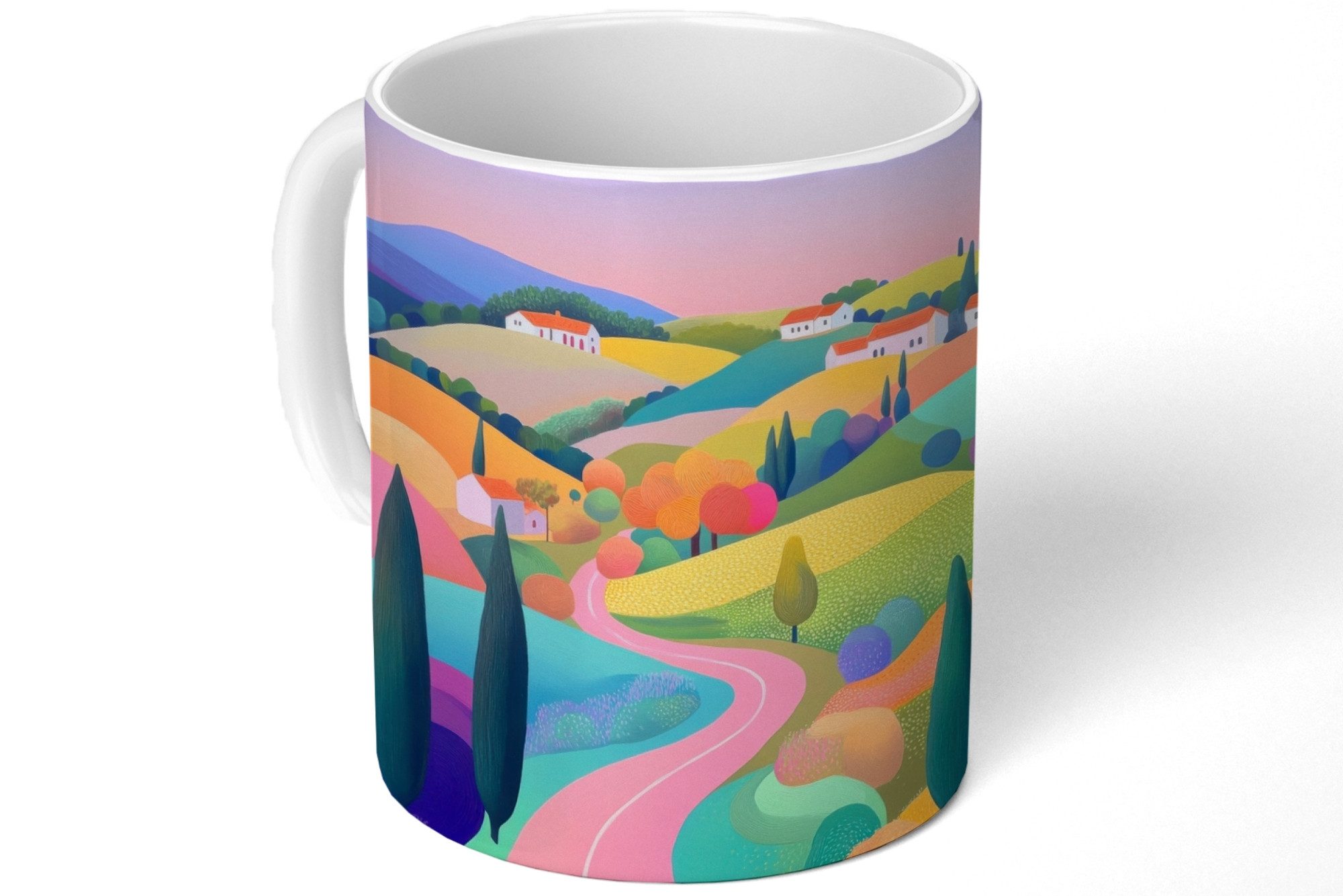 MuchoWow Tasse Landschaft - Lila - Pastell - Häuser, 1-tlg., Keramik, Kaffeetassen, Teetasse, Becher, Kaffeebecher, Geschenk