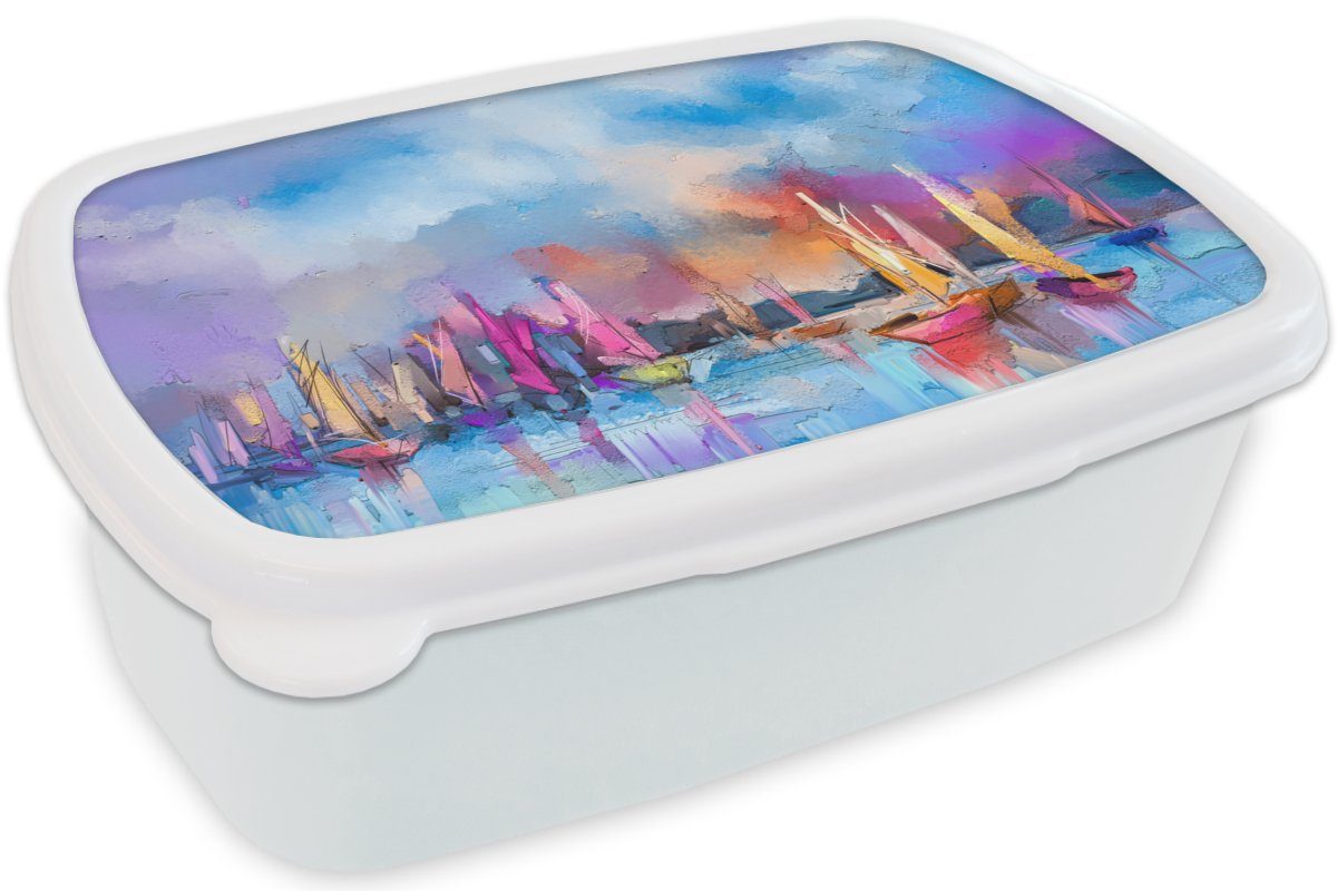 MuchoWow Lunchbox Malerei - Boote für und und Brotbox (2-tlg), Wasser, Jungs Mädchen weiß Erwachsene, Kunststoff, für - Brotdose, Kinder
