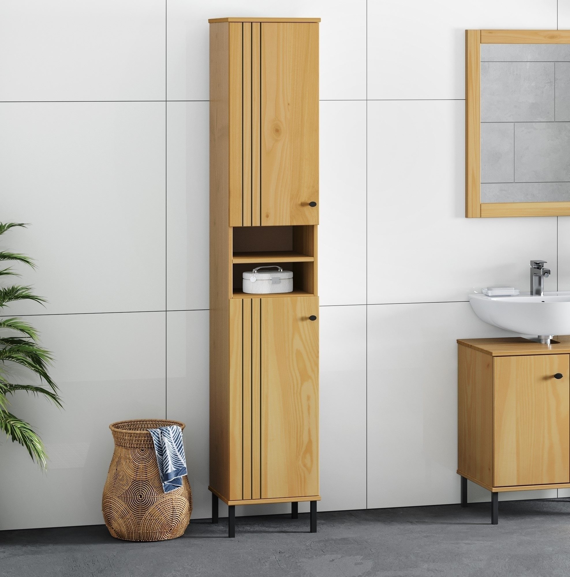 Lebenswert Hochschrank WZ-0801 2 Türen, 2 Fächer, Kiefer massiv eichefarbig lack - 35x190x32 (BxHxT)