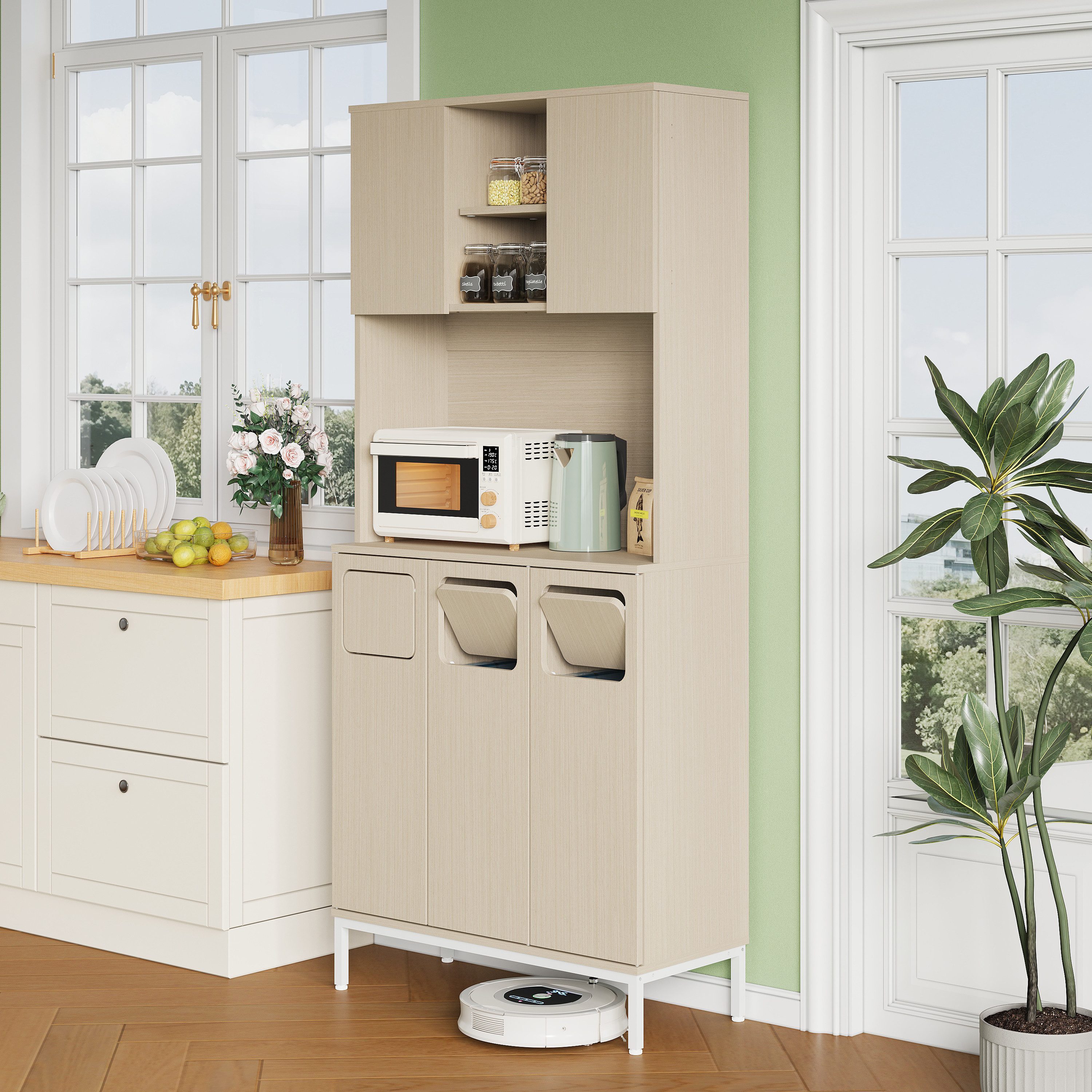 REDOM Küchenbuffet Integrierte Mülltrennung, Ablage für Mikrowelle & Geräte (Packung, 1-St., 80x181x35 cm Müllsammelschrank in Hellholz-Weiß mit 3 Türen) Aufbewahrung für Küche, Hauswirtschaftsraum & Speisekammer