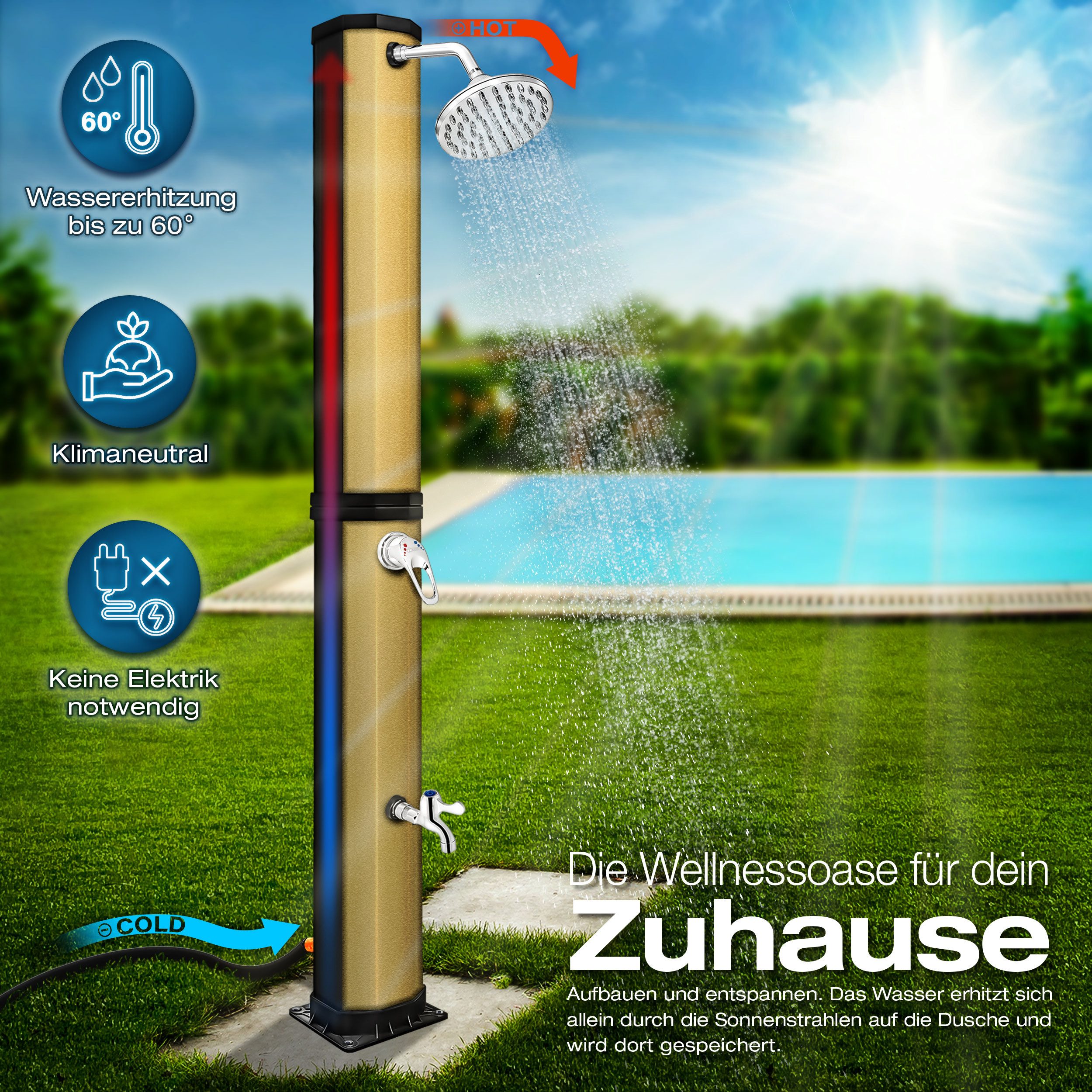 tillvex Solardusche Solar Gartendusche 35 Liter inklusive Schutzhaube, warmes Wasser, Pooldusche Camping ohne Strom