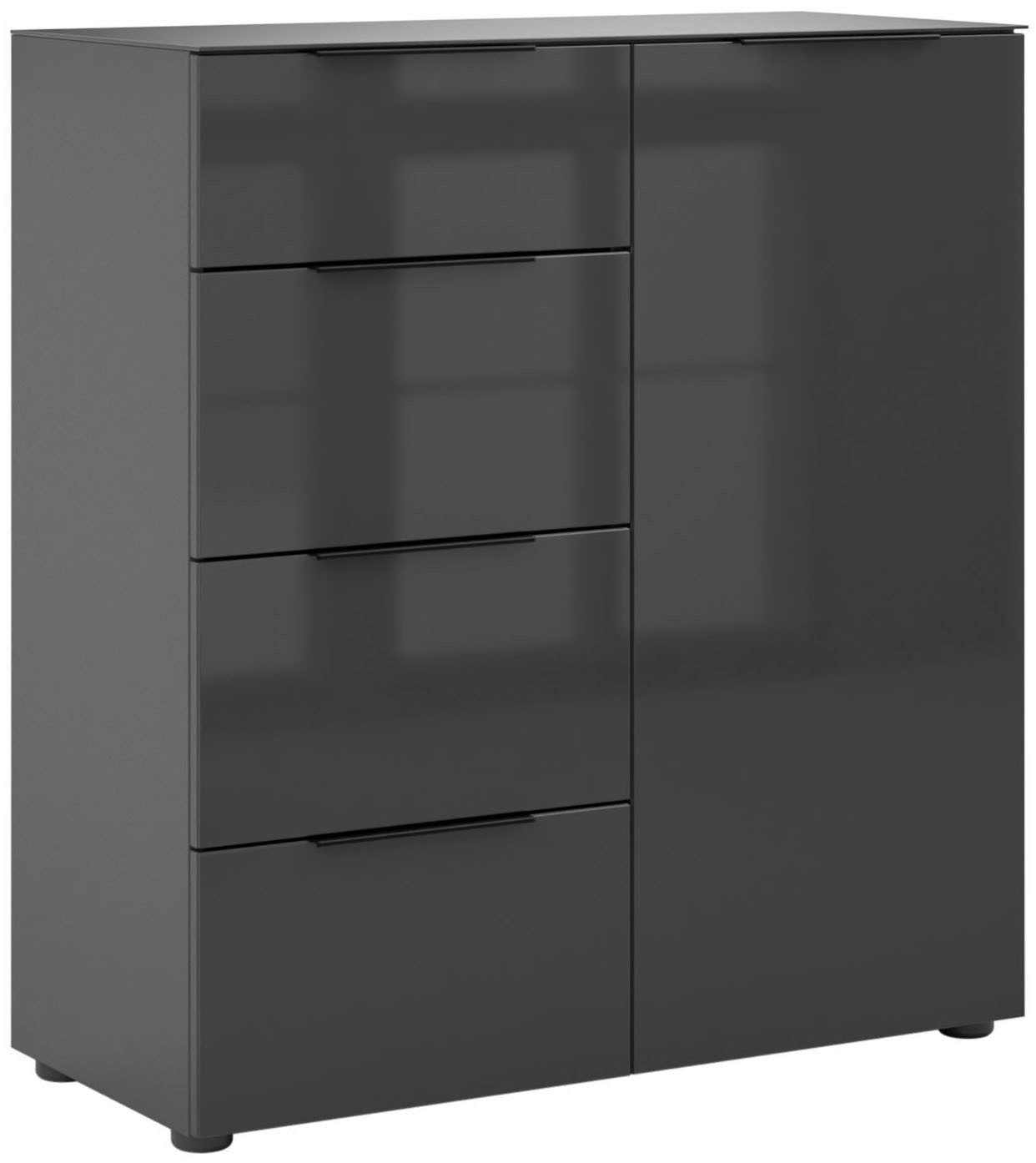 Manjana Möbel Kommode mit Chrom oder Schwarz matten Metallgriffen & Glasfront, Soft-Close, melaminbeschichteter Korpus, mit Vollauszug, Made in Germany