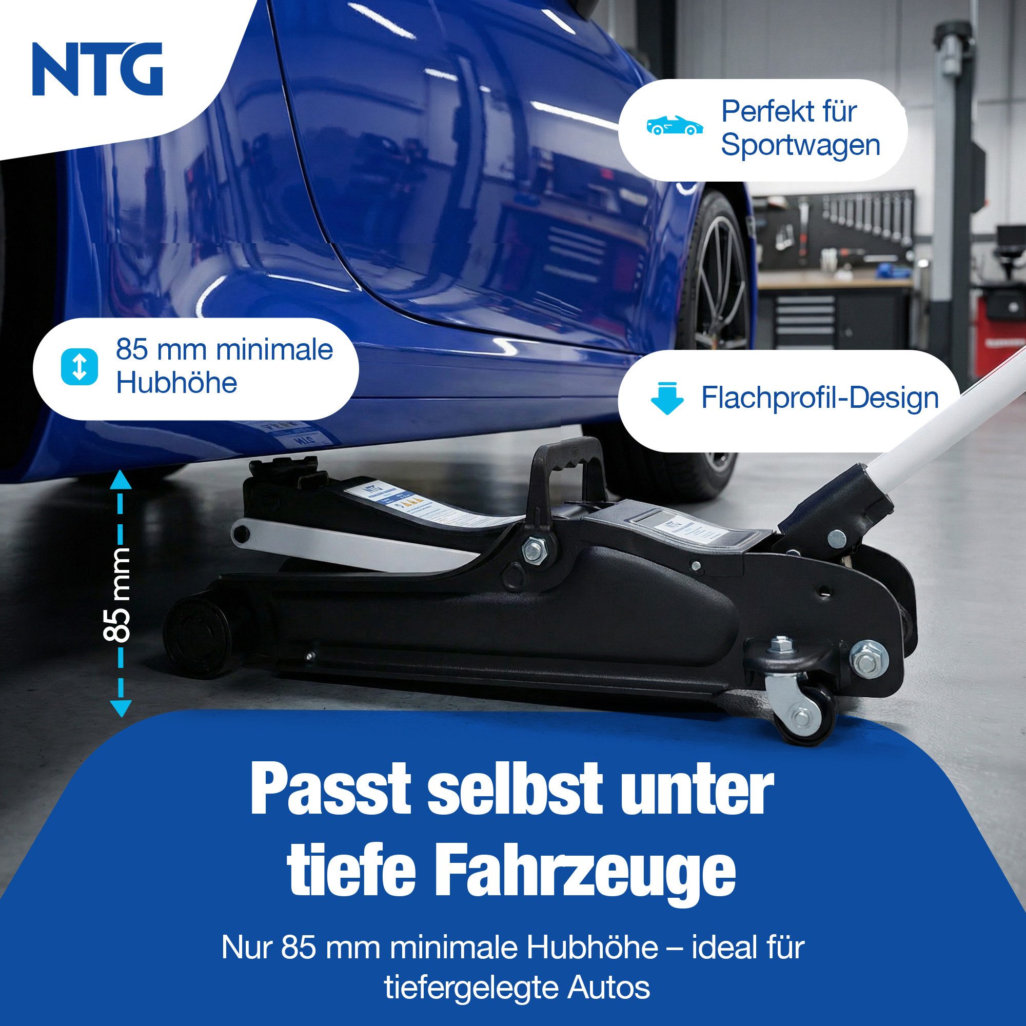 NTG Nutzfahrzeug Technik GmbH Wagenheber 2,5t Flach 85-375mm Rangierwagenheber TÜV Zertifiziert, max. Hubhöhe: 37.5 cm, Lowliner Wagenheber