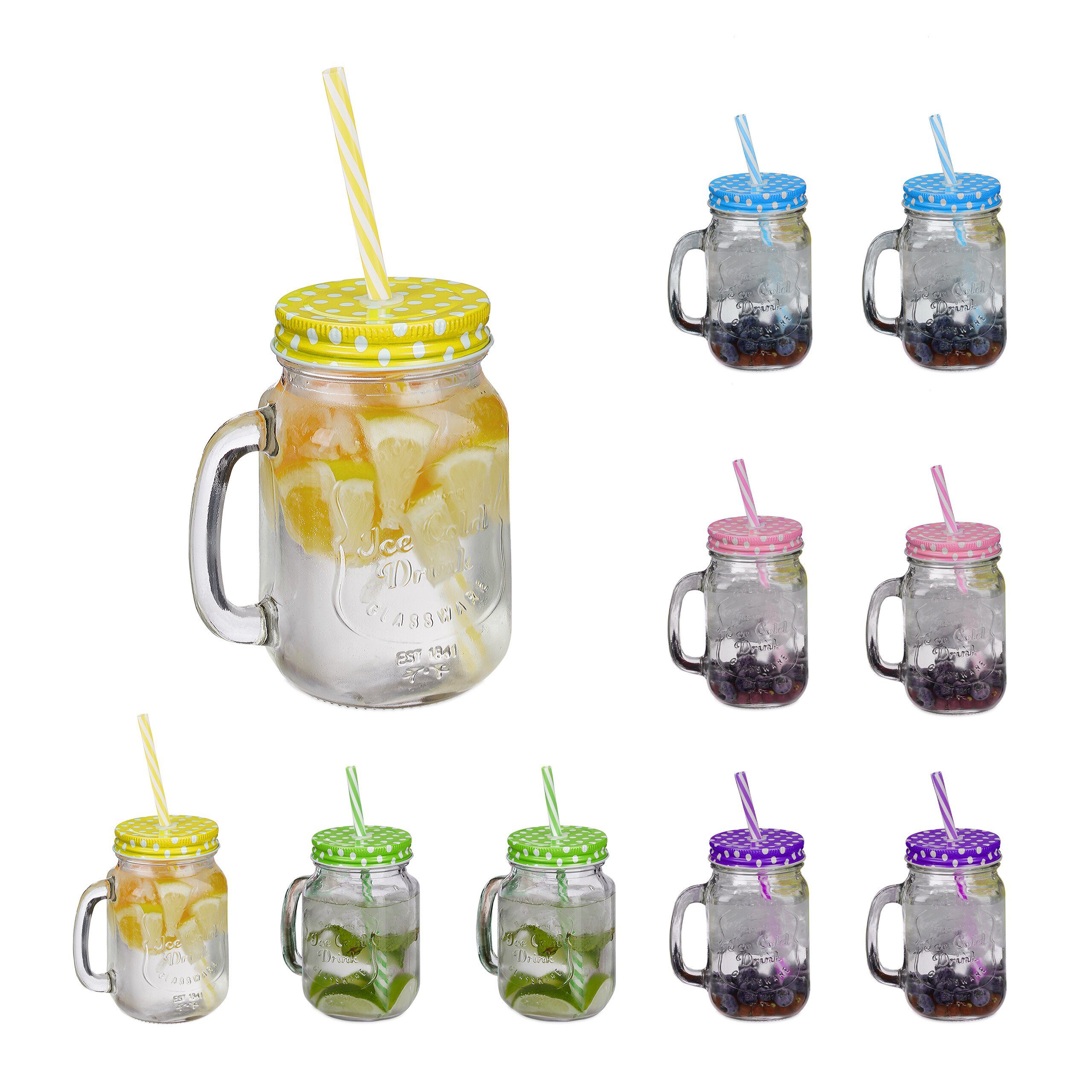 Gläser-Set Bunte Trinkgläser mit Deckel 10er Set