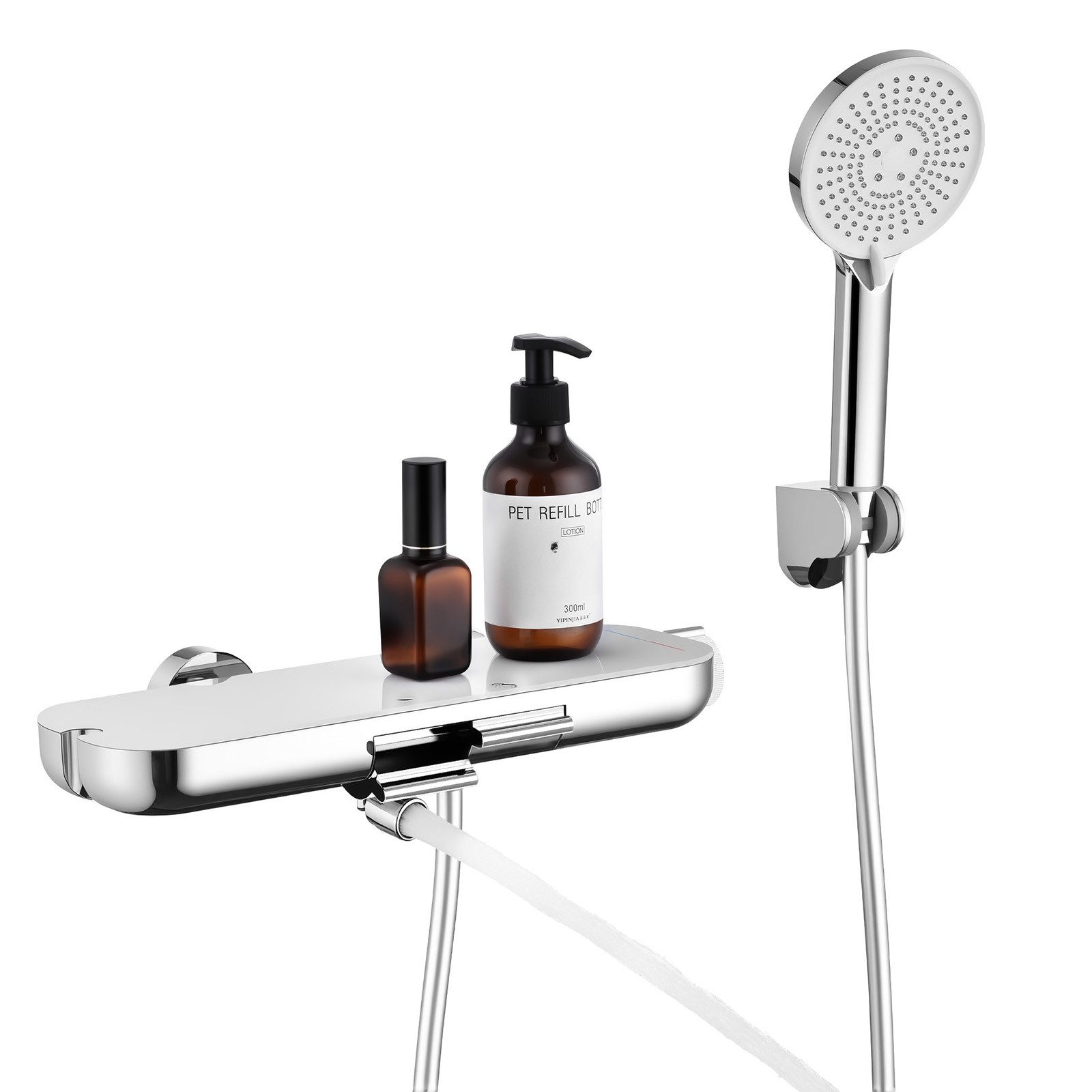 HOMELODY Brausegarnitur Badewannenarmatur mit Ablage 370 mm und 3-Funktions-Handbrause, 2 Strahlart(en), Set, 1 tlg., 2-Wege Umschaltung, schwenkbarer Auslauf, PVC-Schlauch 1500 mm