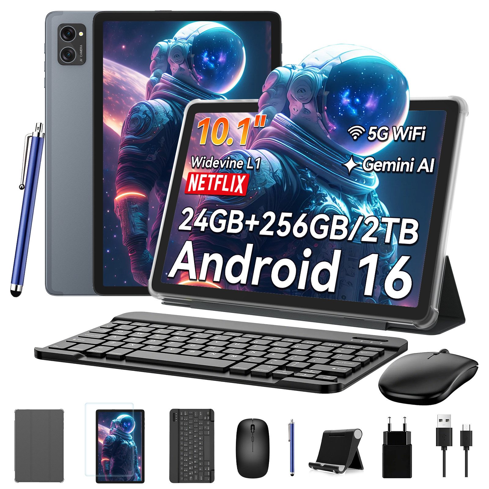 TABWEE 10" Android 16 256GB WiFi incl. Tastatur, Maus, Stift Tablet (10", 256 GB, Android 16, Android 16, mit Stift/Maus/Tastatur, Gemini Al Magic)