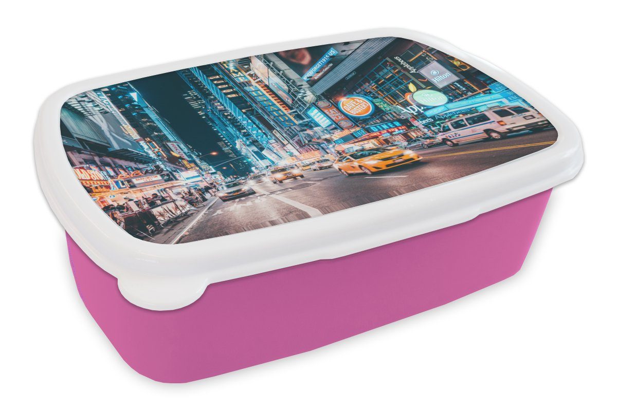 MuchoWow Lunchbox New York - Taxi - Times Square, Kunststoff, (2-tlg), Brotbox für Erwachsene, Brotdose Kinder, Snackbox, Mädchen, Kunststoff rosa