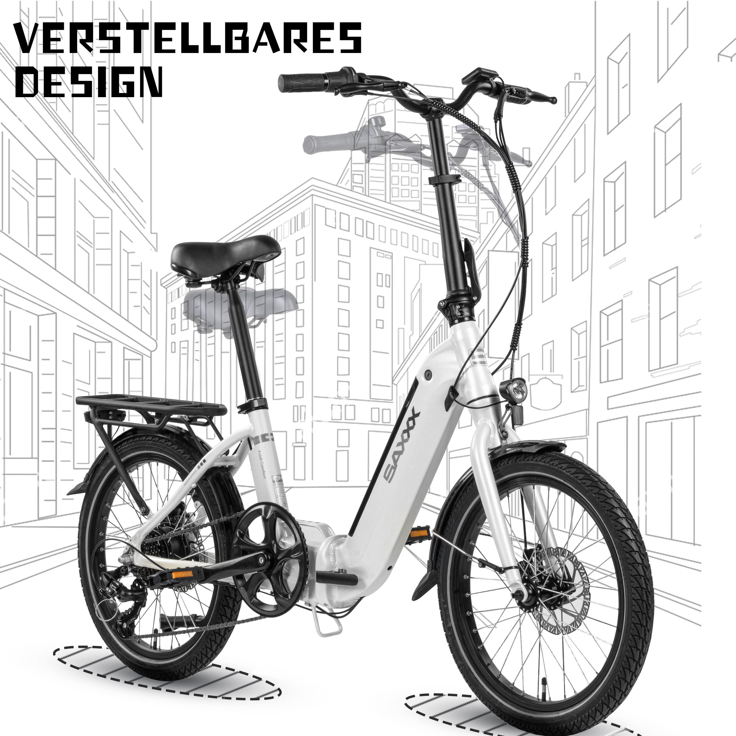 SAXXX E-Bike Klapprad 20x2,3'' Damen und Herren, SAXXX Pedelec 410Wh, max. 120km, nur 24kg, 7 Gang Shimano Nexus Schaltwerk, Kettenschaltung, Heckmotor, 410 Wh, (abnehmbarer Akku, 250W bürstenloser Hinterradmotor, 95% vormontiert), Faltrad E-Bike, Tiefeinsteiger, Gepäckträger bis 25 kg