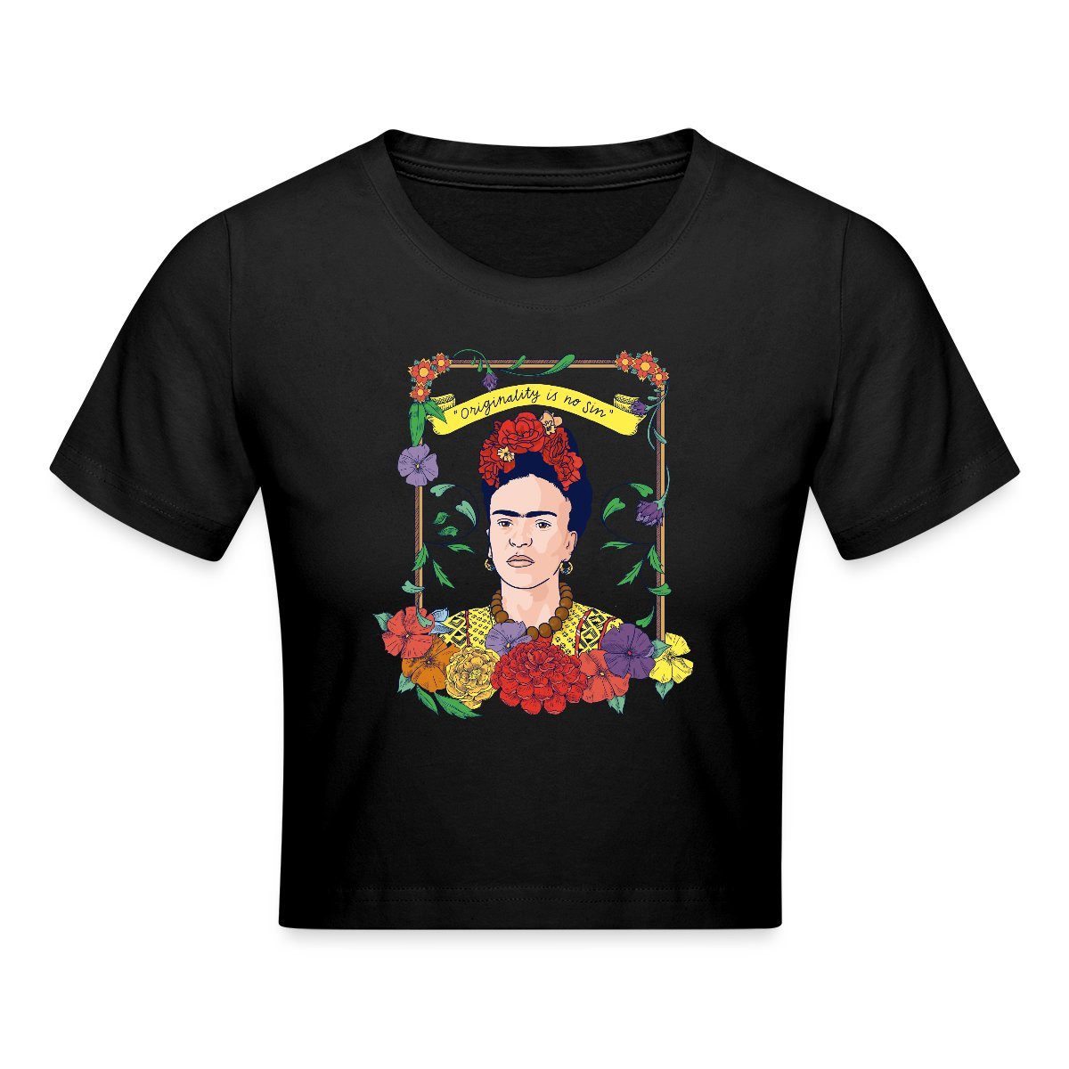 Spreadshirt T-Shirt Frida Kahlo Mit Rahmen Aus Bunten Blumen Crop Top (1-tlg)