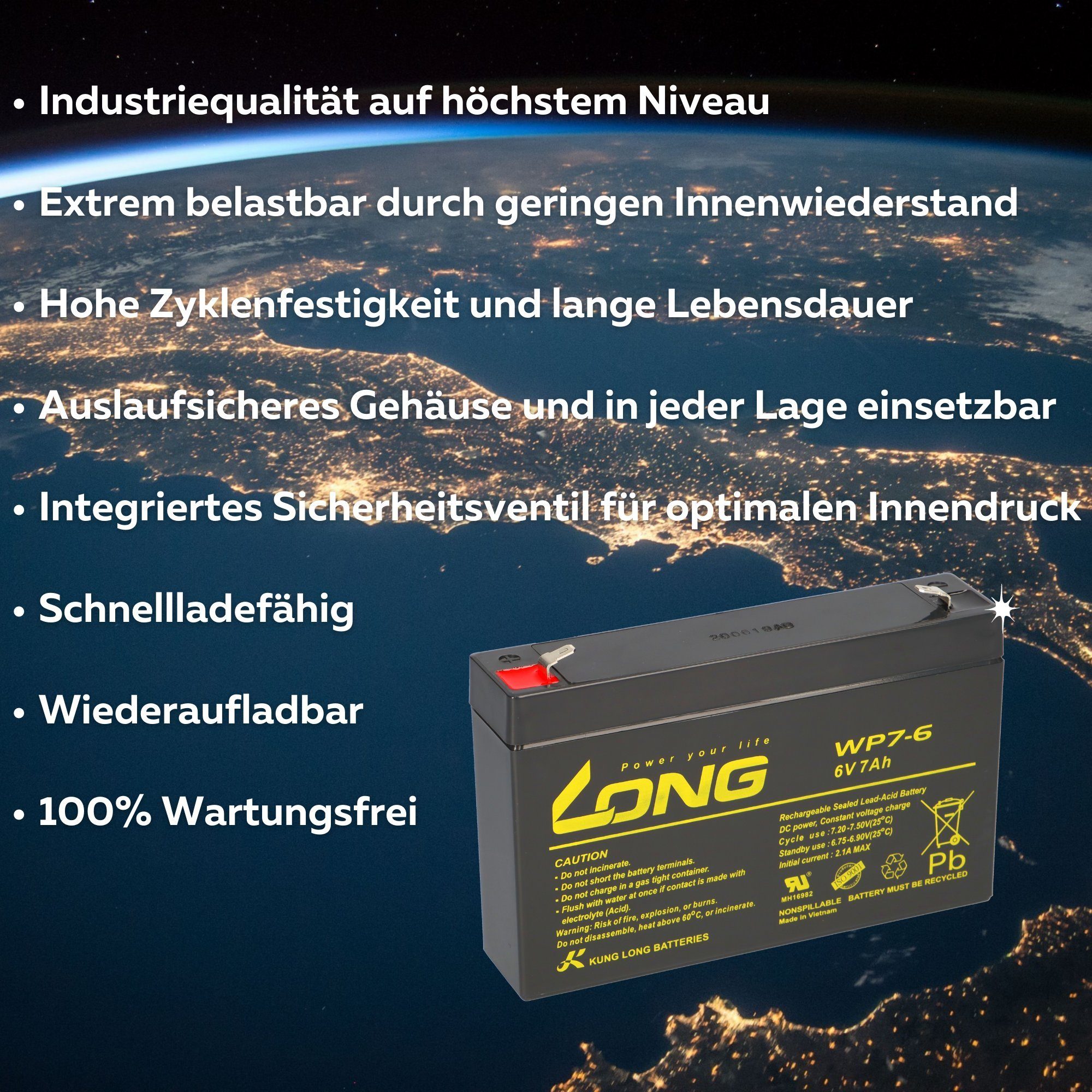 Kung Long Kung Long Akku WP7-6 6V 7Ah AGM Blei Vlies wartungsfrei 6Volt Bleiakkus – Bild 3 von 5