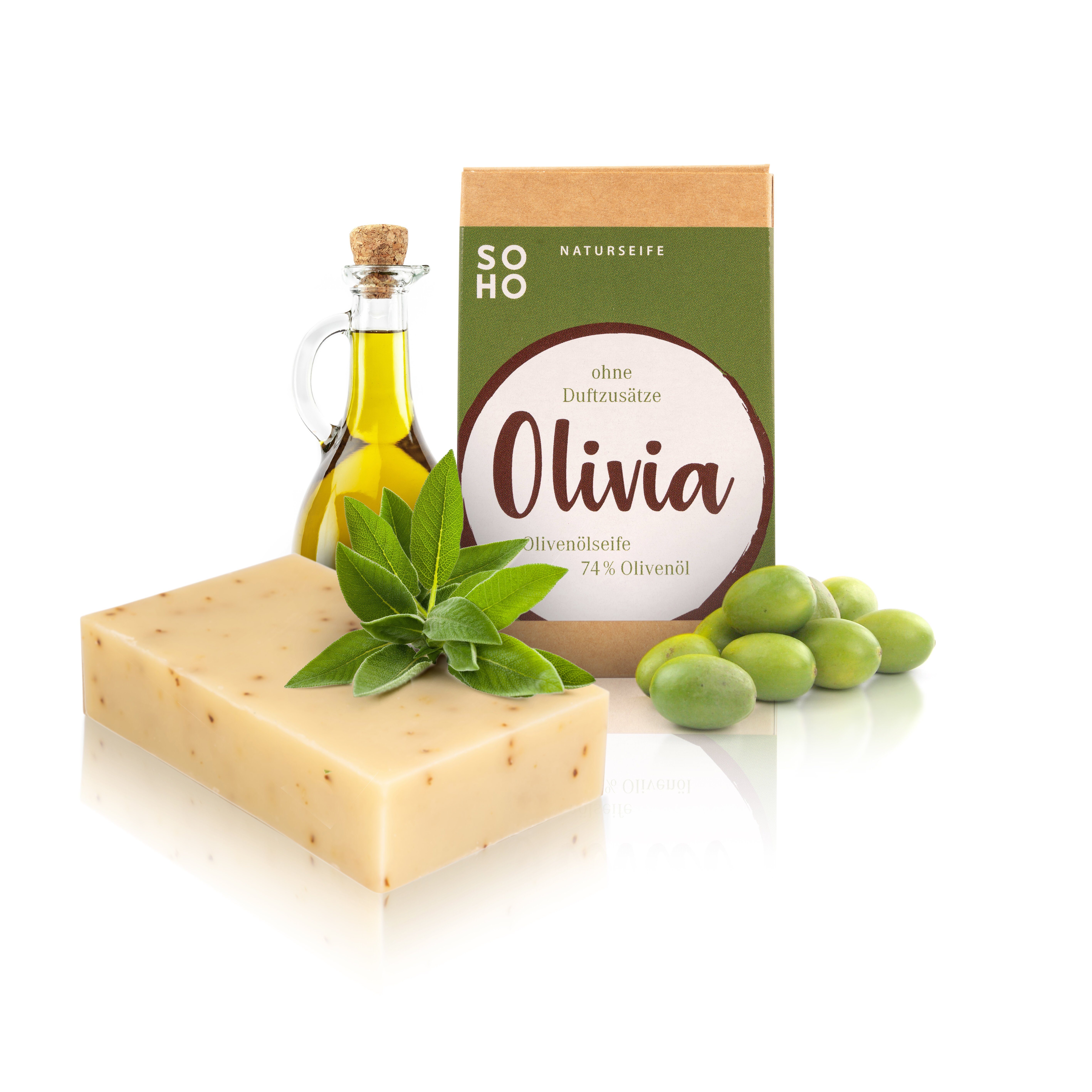 Peelingseife Gesichtsseife allergenfrei, Naturkosmetik mit Olivia SOHO 74 Olivenöl %