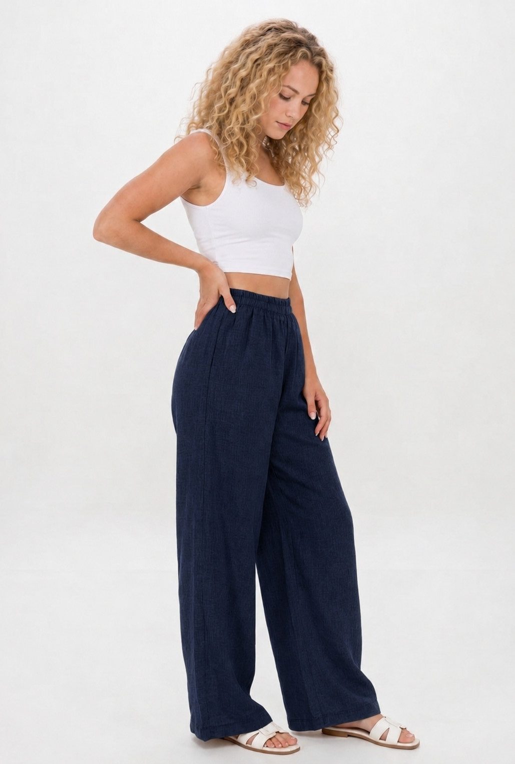 Kendindza Collection Leinenhose Sommerhose Damen leicht Locker weite Leinenhose Sommer Hose lang 100% Leinen, elastischer Gummibund, weites Bein Palazzo-Schnitt