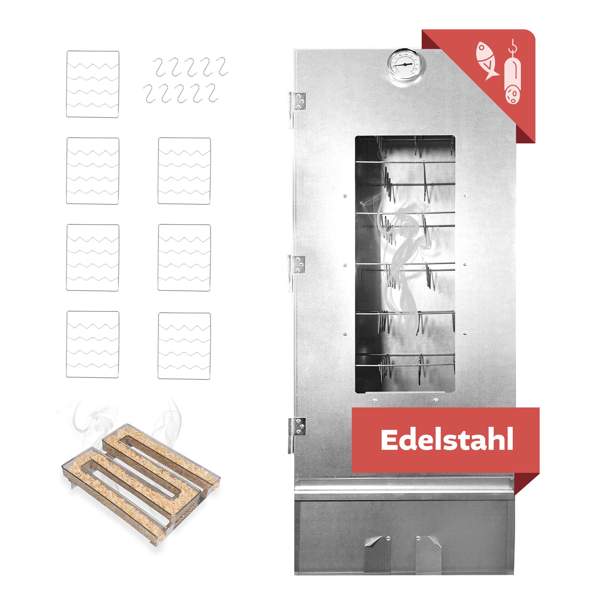 Lemodo Räucherofen XL 110 cm hoch Edelstahl mit Zubehör, Räucherschrank, 110 cm hoch, mit umfangreichen Zubehör und 7 Etagen