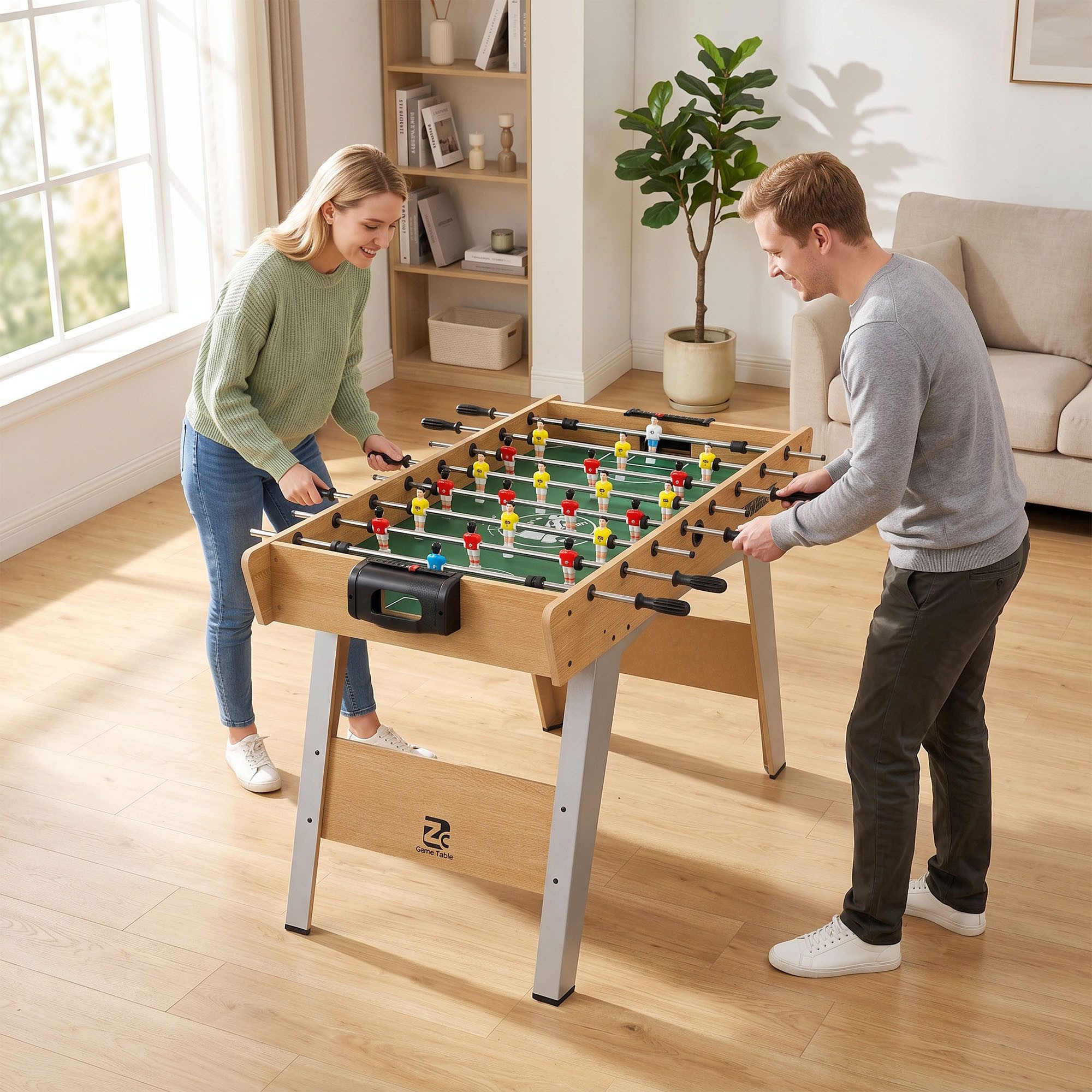 SPORTNOW Kickertisch Tischkicker inkl 22 Kicker 2 Bälle Rutschfest Griffe Punktezähler (Tischfußball, 3-tlg., für Kinder & Erwachsene), 121x87x77cm Naturholz