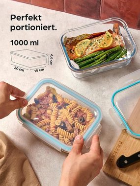 Praknu Frischhaltedose Frischhaltedosen Glas mit Deckel Groß 1000 ml - Als Mealprep Box, Glas, (Set, 4-tlg), Glasbehälter zum Einfrieren - Spülmaschinenfest - BPA frei