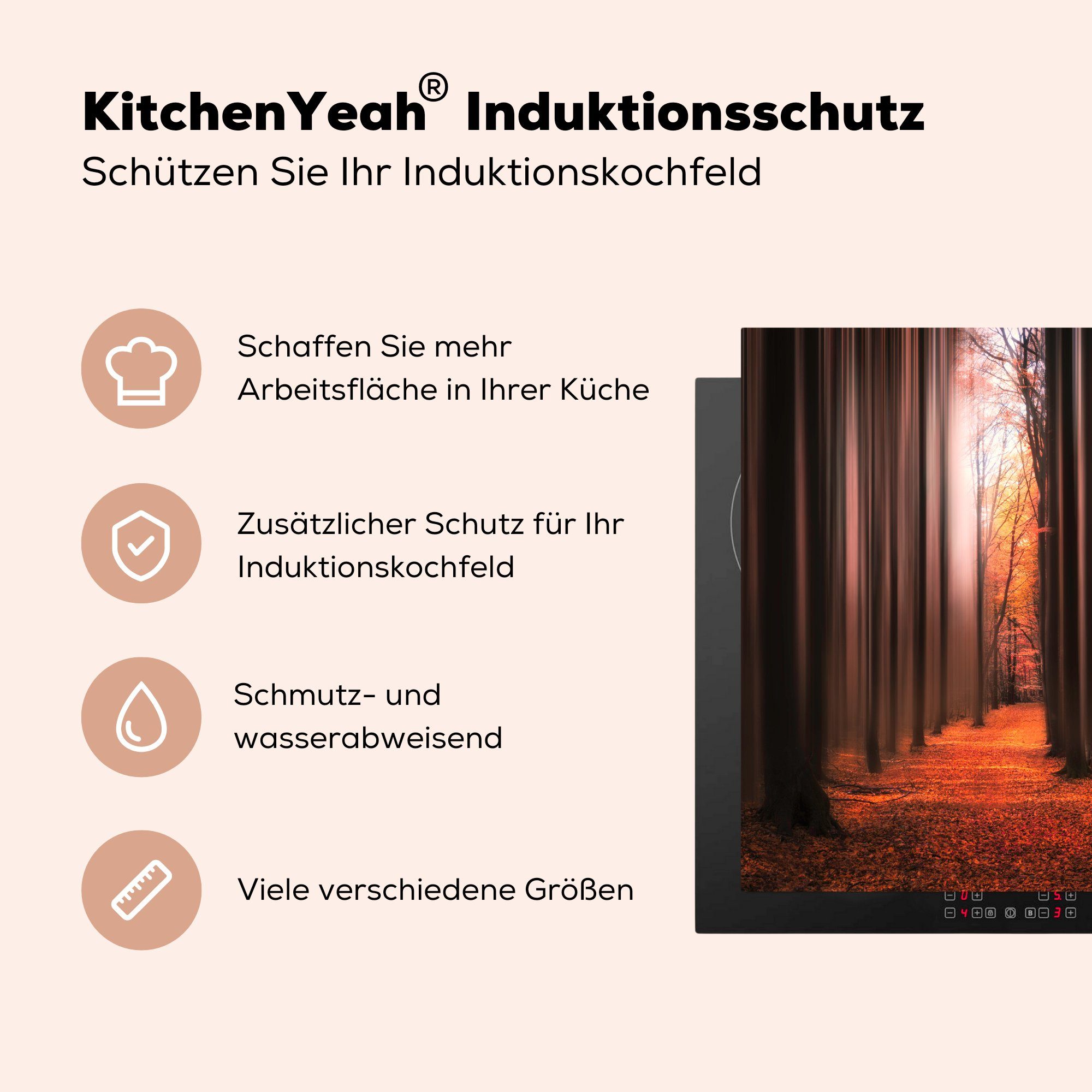 küche Illusionen Bäume Waldweg Rot - - Laub, tlg), 78x78 MuchoWow - Ceranfeldabdeckung, Wald Vinyl, für Arbeitsplatte cm, Herdblende-/Abdeckplatte - - (1