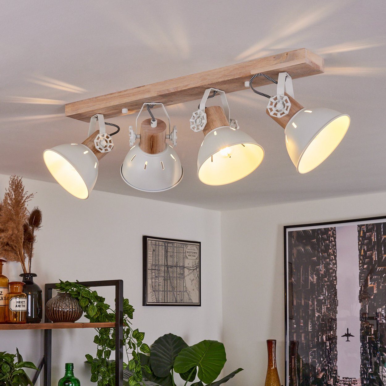 Vintage-Design mit Metall/Holz Strahlern,E27 Retro-Leuchte ohne Leuchtmittel, im in »Cotes« Deckenleuchte Weiß/Natur, Deckenlampe Holzbalken,verstellbaren hofstein aus