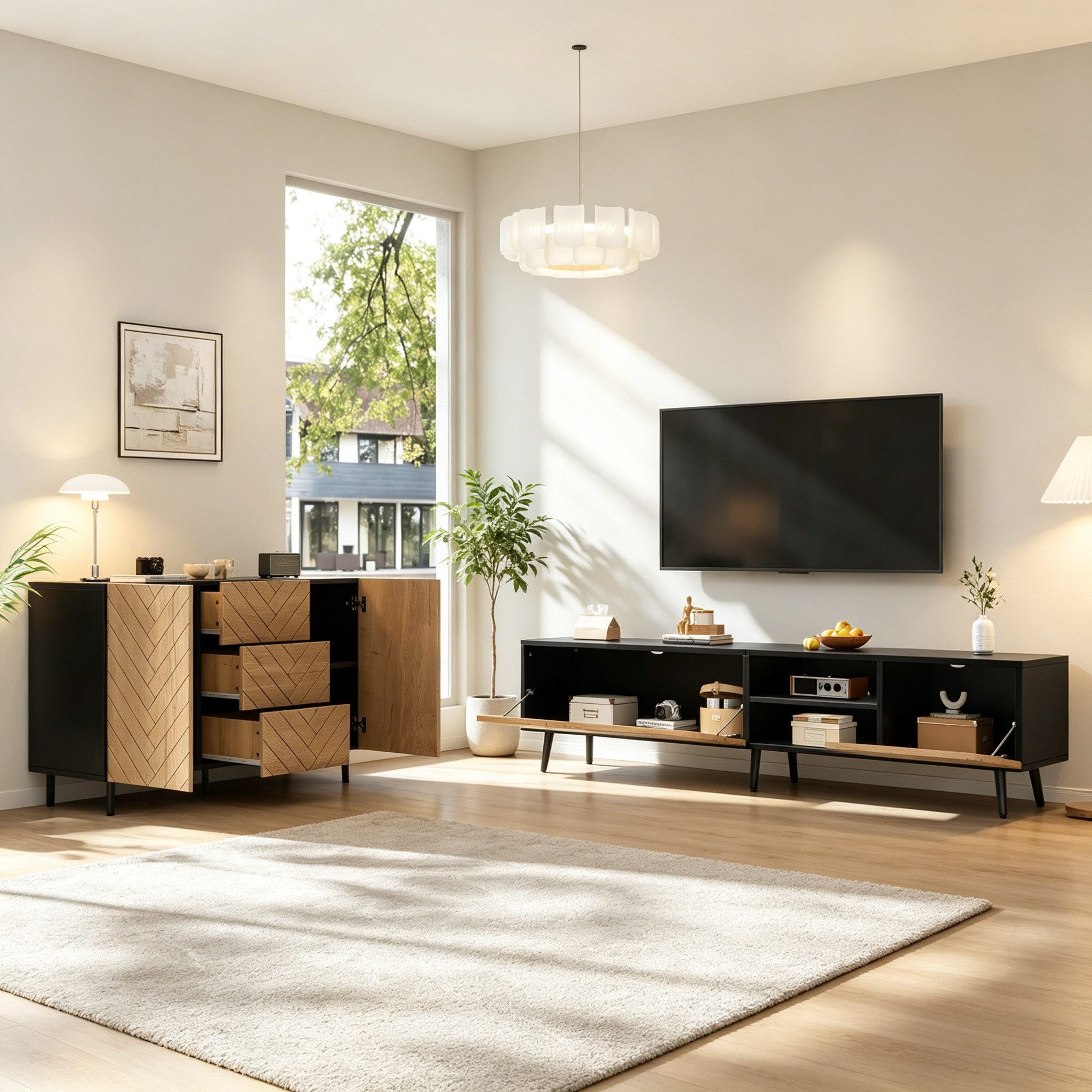 Merax Wohnzimmer-Set Wohnwand Kombination, (2-St), TV Bank & Sideboard Set mit Schubladen und Türen, Holzoptik/Schwarz