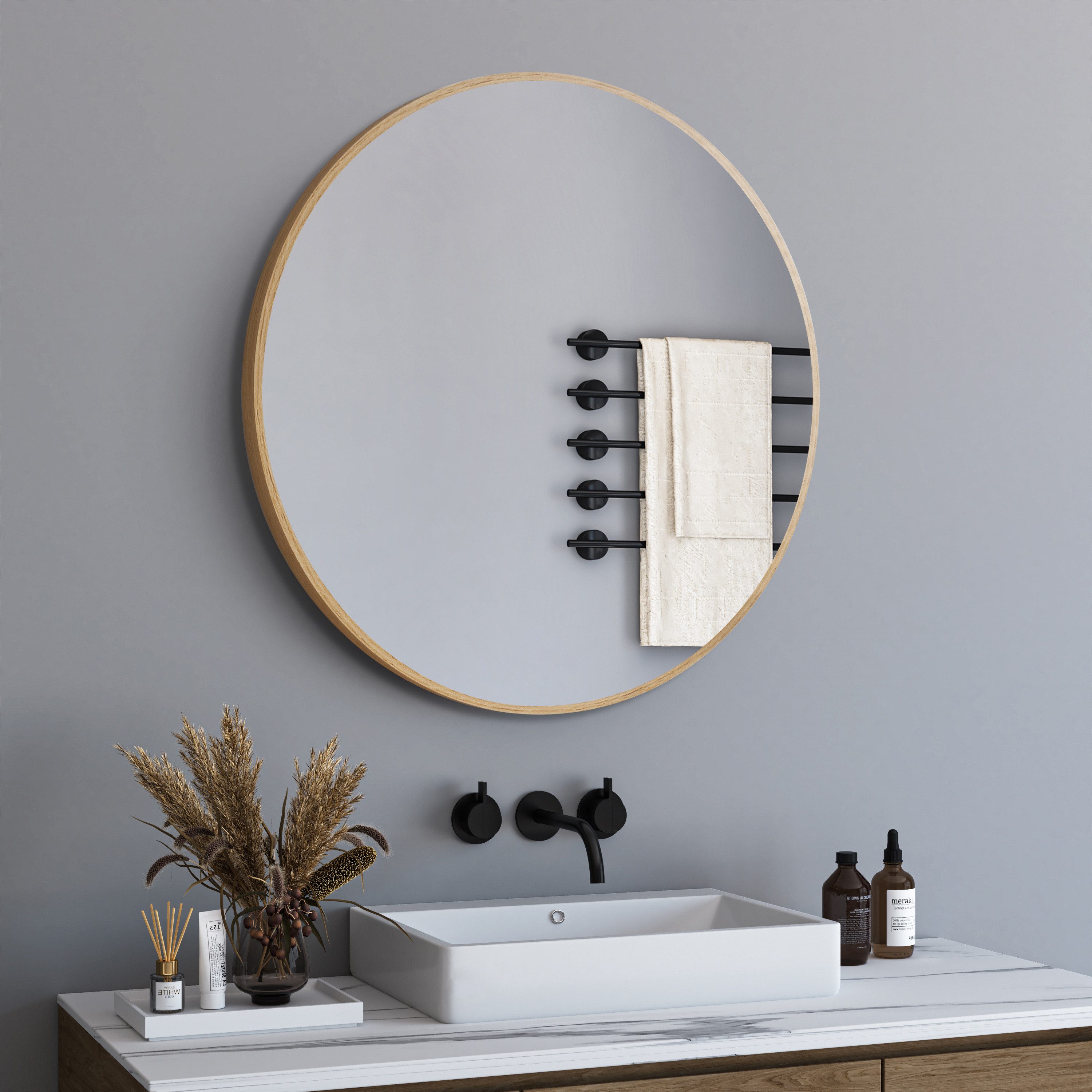 GOEZES Badspiegel Rund Rundspiegel 60 50 cm Wandspiegel mit Alurahmen Holzf günstig online kaufen