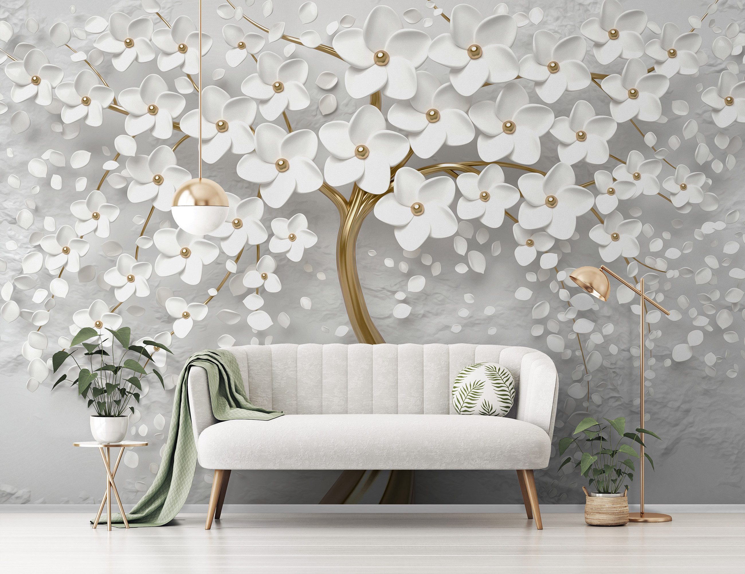 Wallarena Fototapete 3D EFFEKT Blumen Baum Magnolie Gold Wohnzimmer oder Schlafzimmer, Glatt Vlies, Blumen, 3D-Optik, Baum, Magnolie, Vliestapete gold weiß Wohnzimmer Schlafzimmer Küche Tapete + Kleister