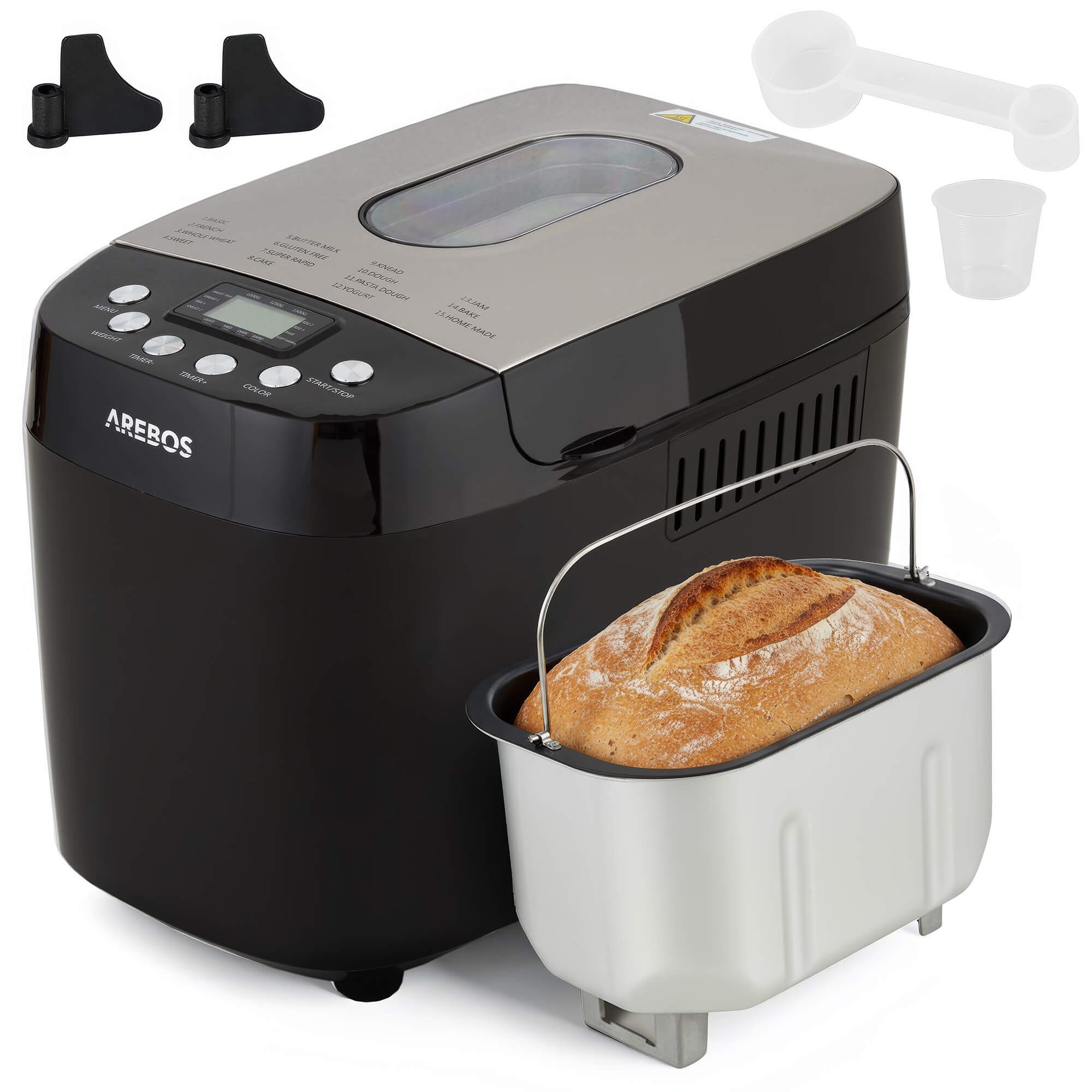 Arebos Brotbackautomat, mit 15 Programmen, 2 Knethaken, Timer, LCD Display, 15 Programme, 850 W, 3 Brotgrößen (1000/1250/1500 g)